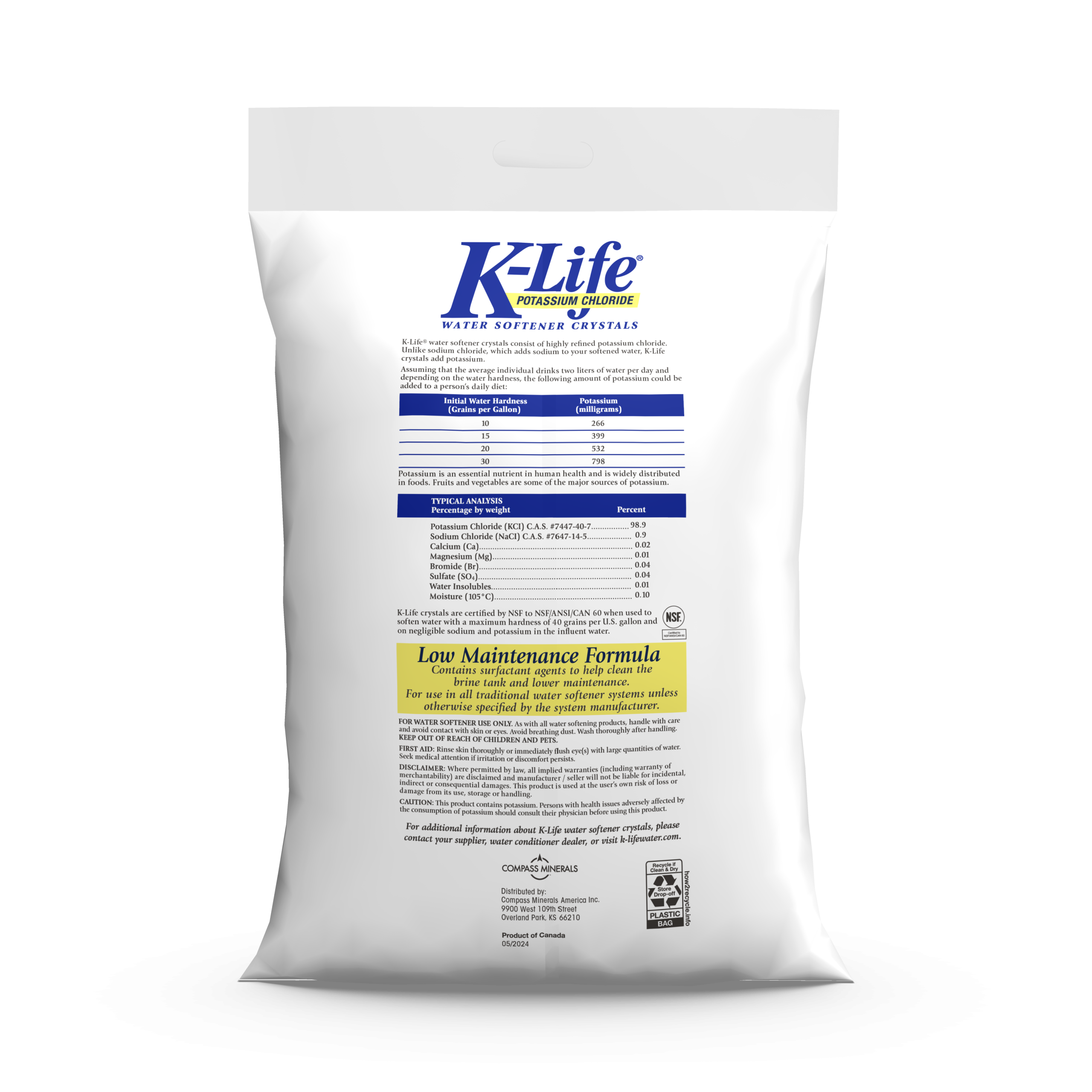The back of a 40 lb bag of K-Life potassium chloride water care crystals.