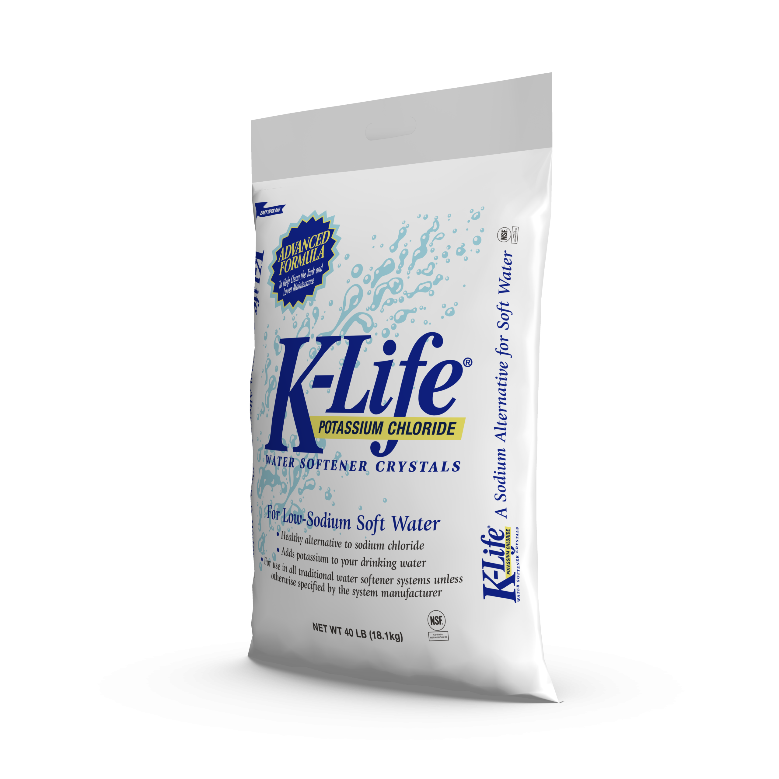 The left side of a 40 lb bag of K-Life potassium chloride water care crystals.