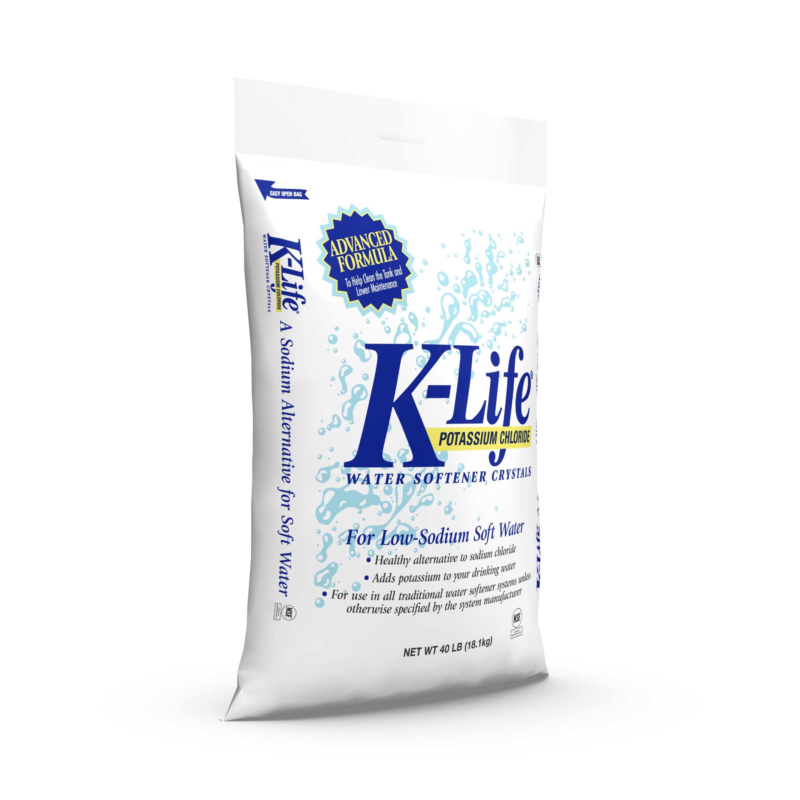 The right side of a 40 lb bag of K-Life potassium chloride water care crystals.