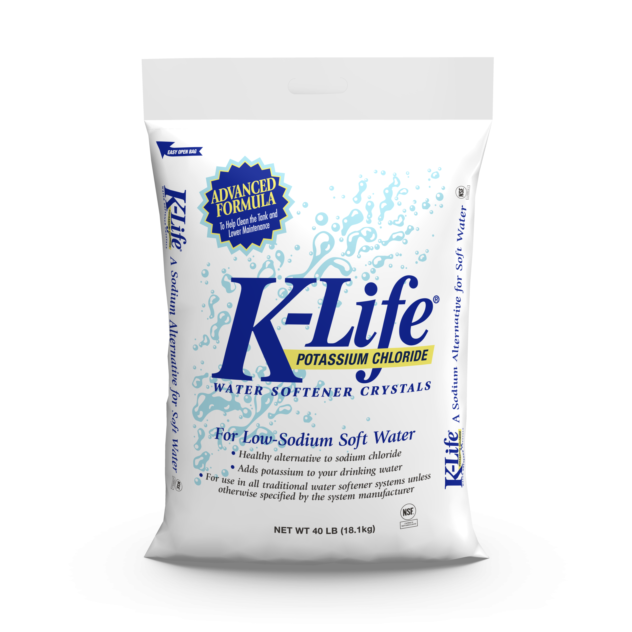 The front of a 40 lb bag of K-Life potassium chloride water care crystals.