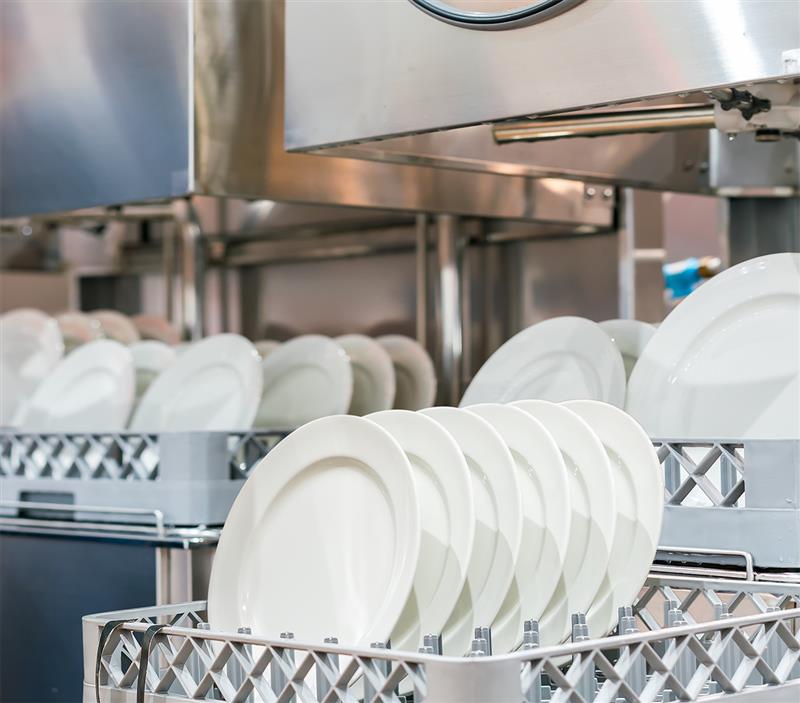 White plates in industrial dishwasher racks.