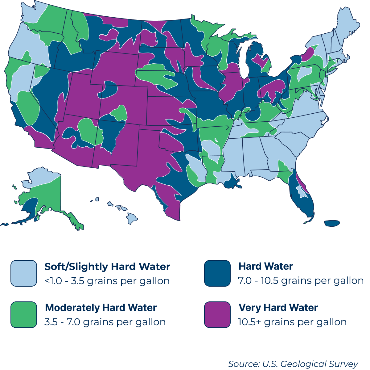 Map of the United States showing water hardness levels throughout the country.