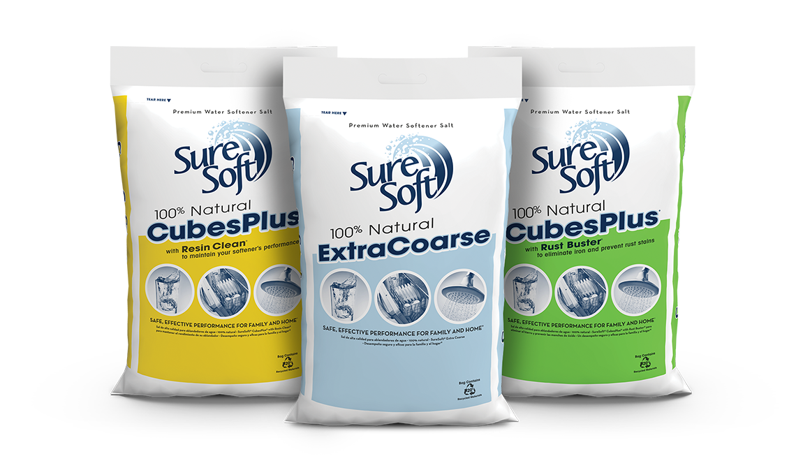 Three SureSoft water softener salt bags.