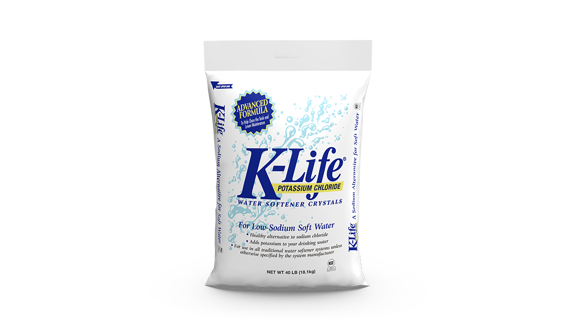 The front of a K-Life potassium chloride water care bag.