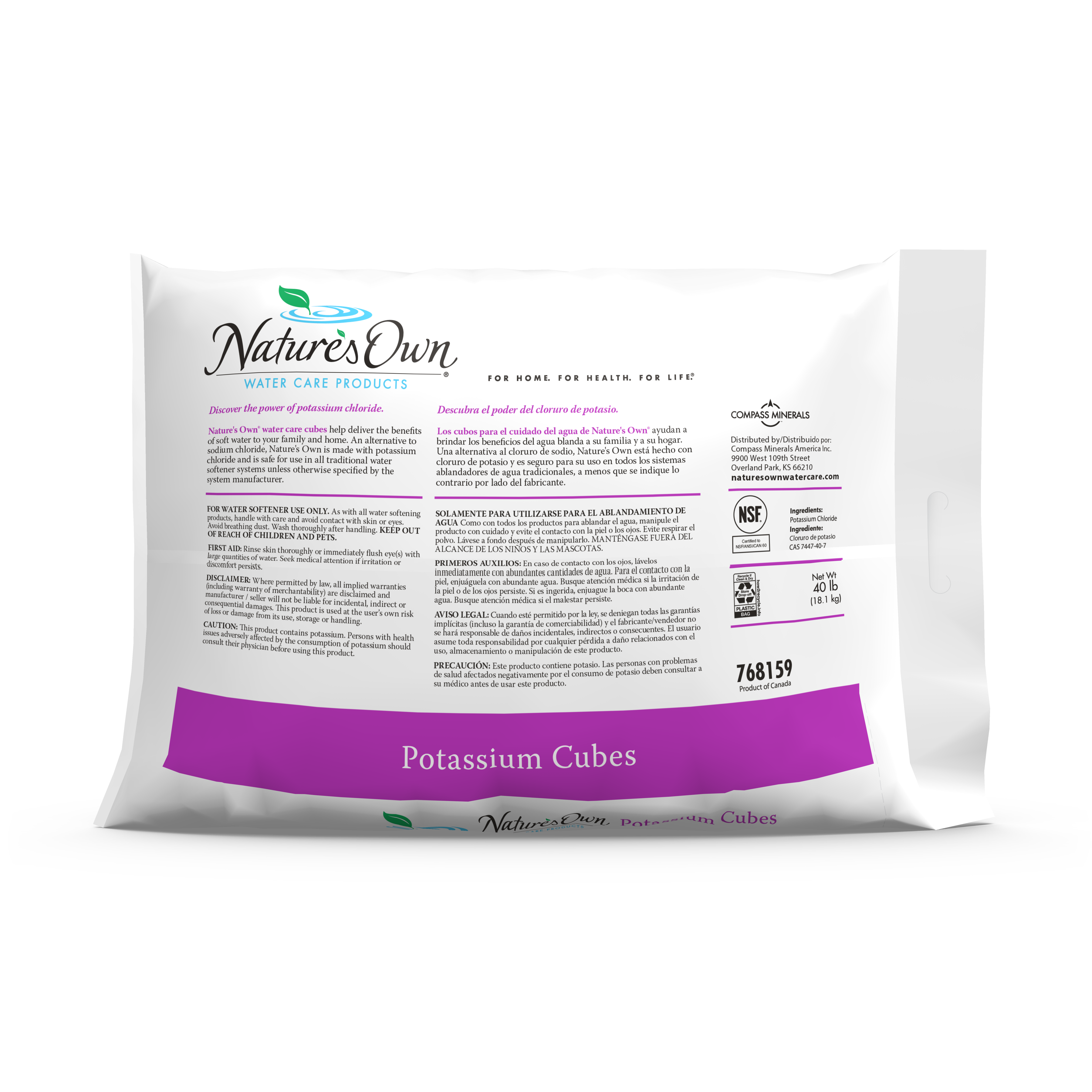 The back of a 40 lb bag of Nature's Own potassium chloride water care cubes.