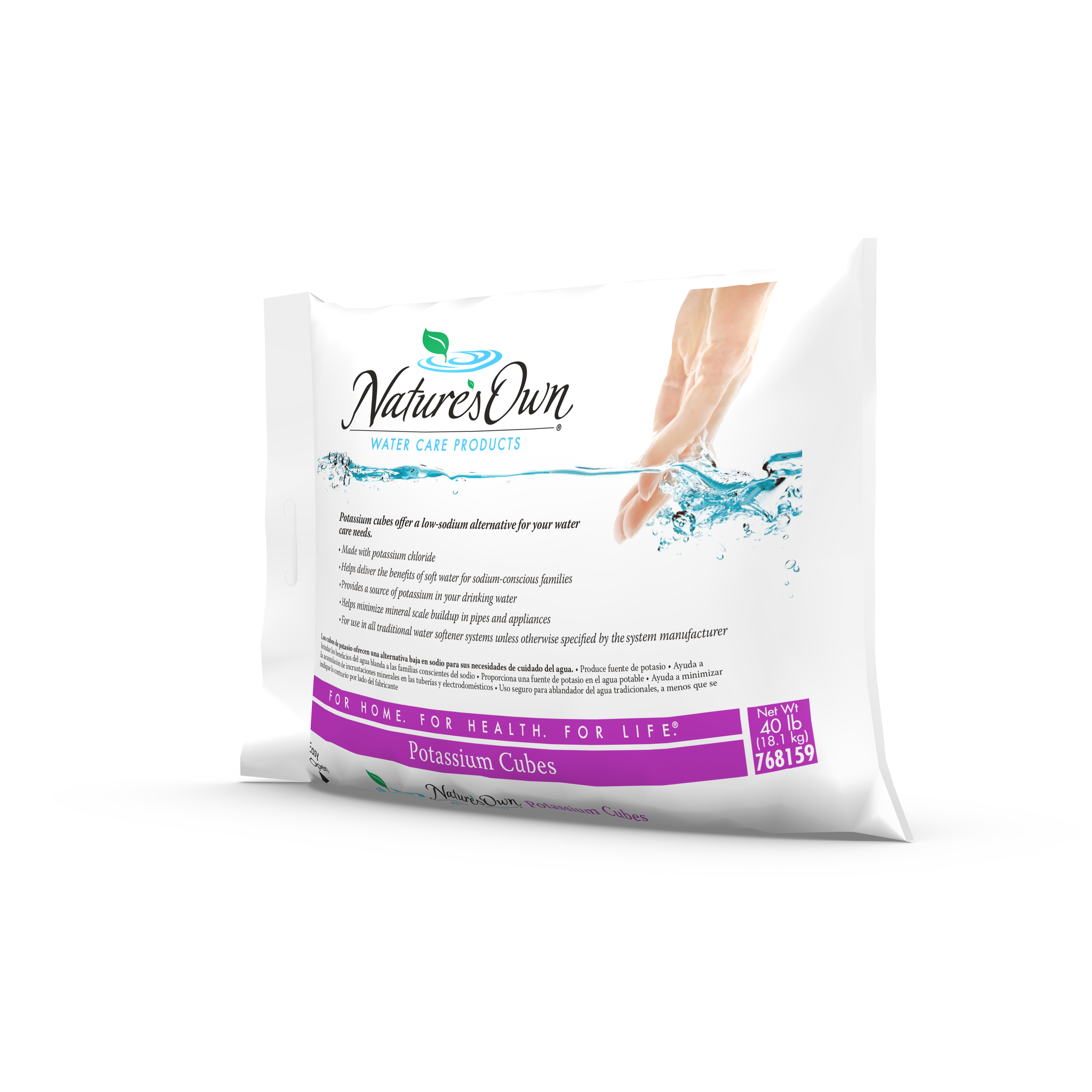 The left side of a 40 lb bag of Nature's Own potassium chloride water care cubes.