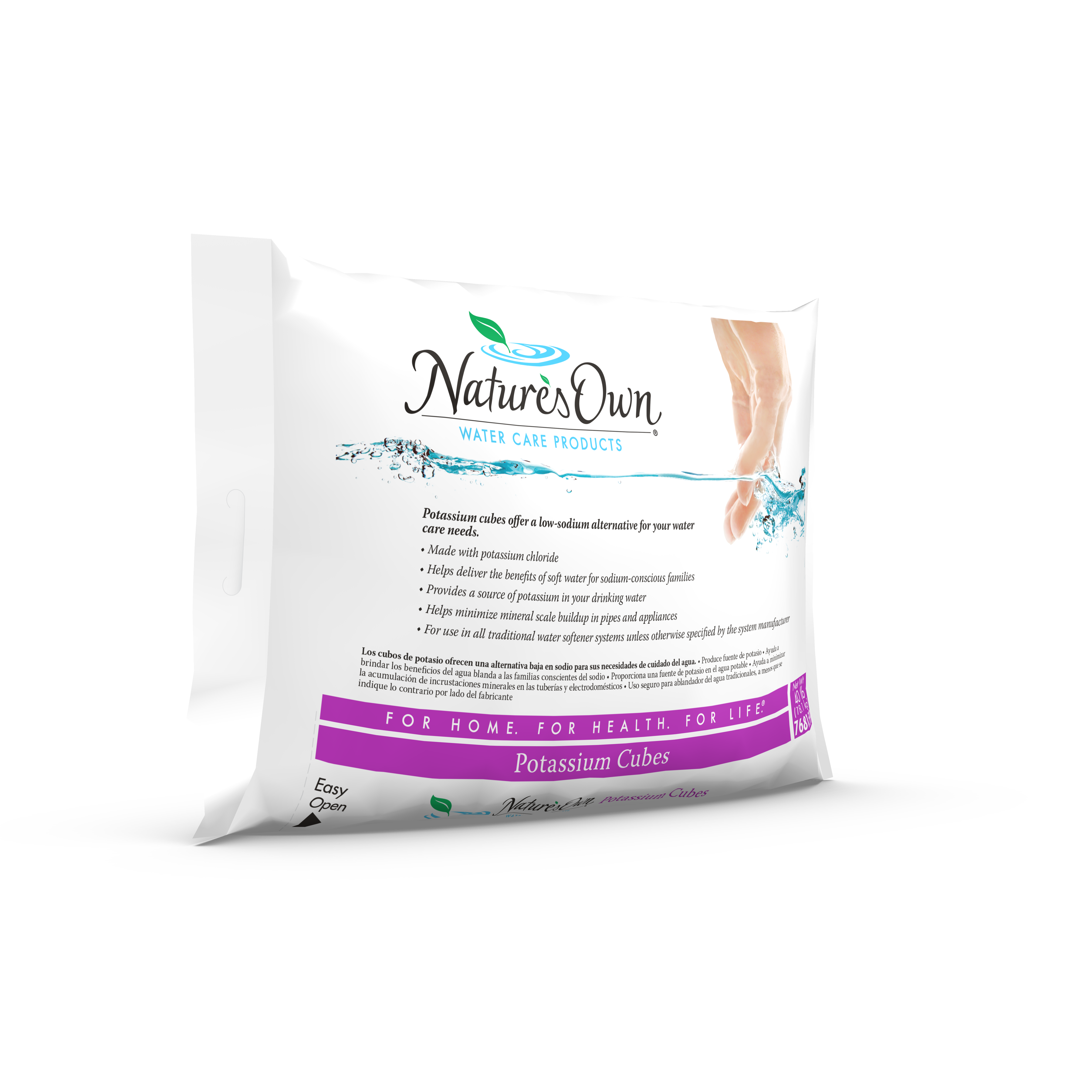 The right side of a 40 lb bag of Nature's Own potassium chloride water care cubes.