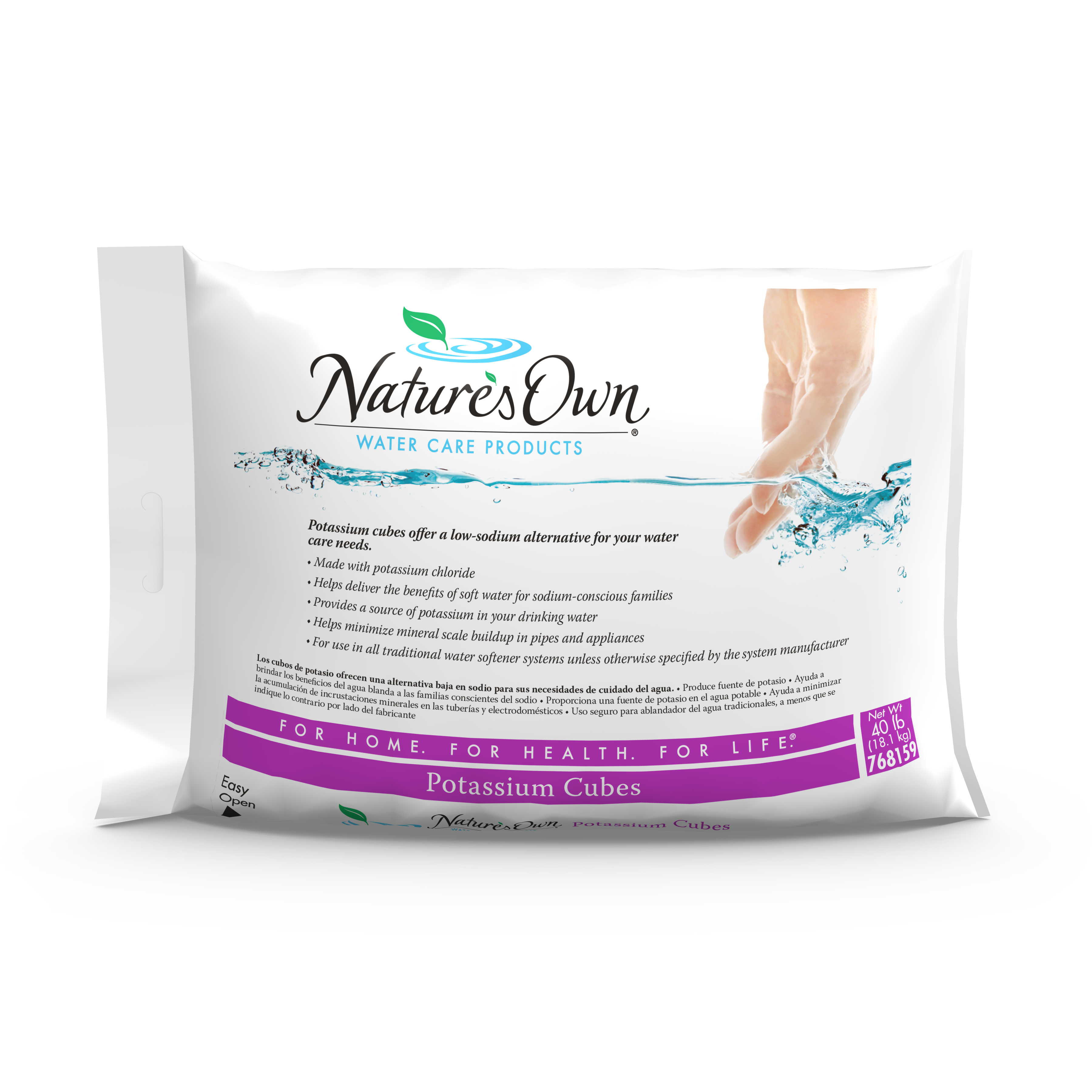The front of a 40 lb bag of Nature's Own potassium chloride water care cubes.