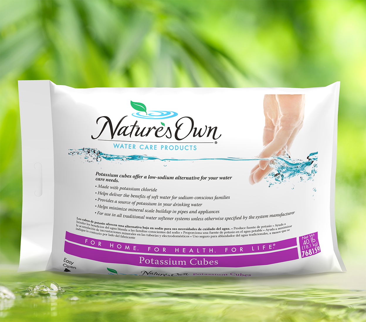 Bag of Nature's Own potassium cubes sitting on water with green background
