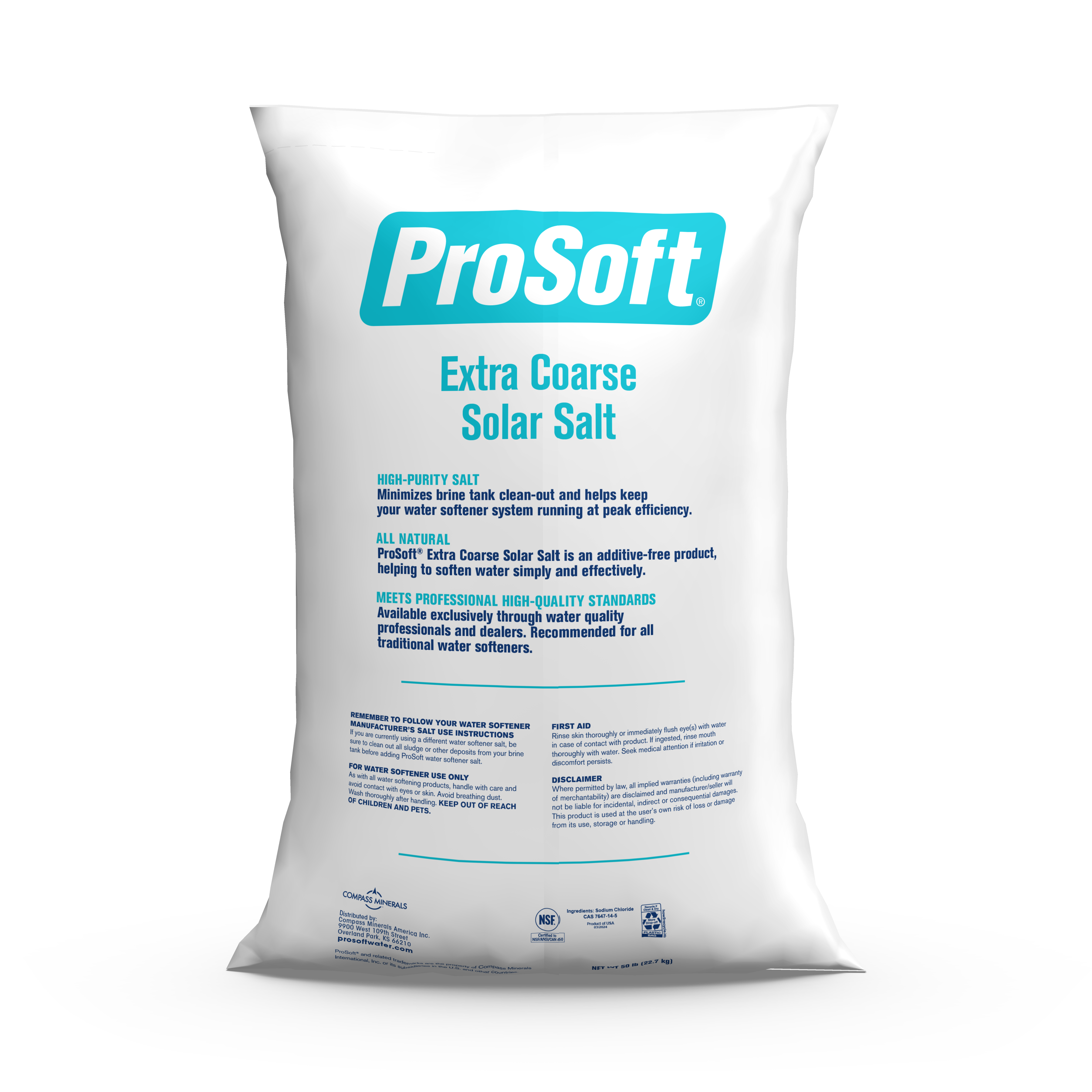 The back of a 50-pound bag of ProSoft Extra Coarse Solar Salt water softener salt.