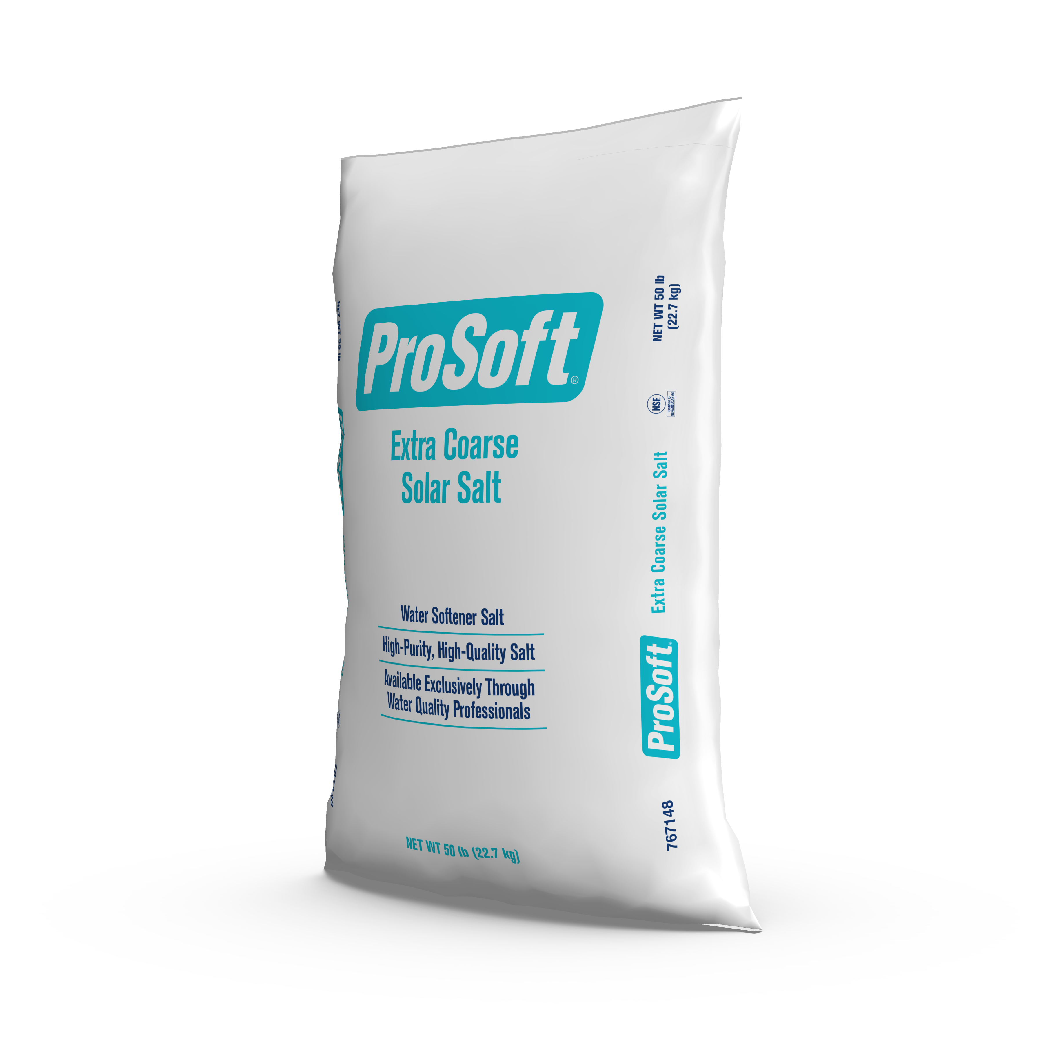 The left side of a 50-pound bag of ProSoft Extra Coarse Solar Salt water softener salt.