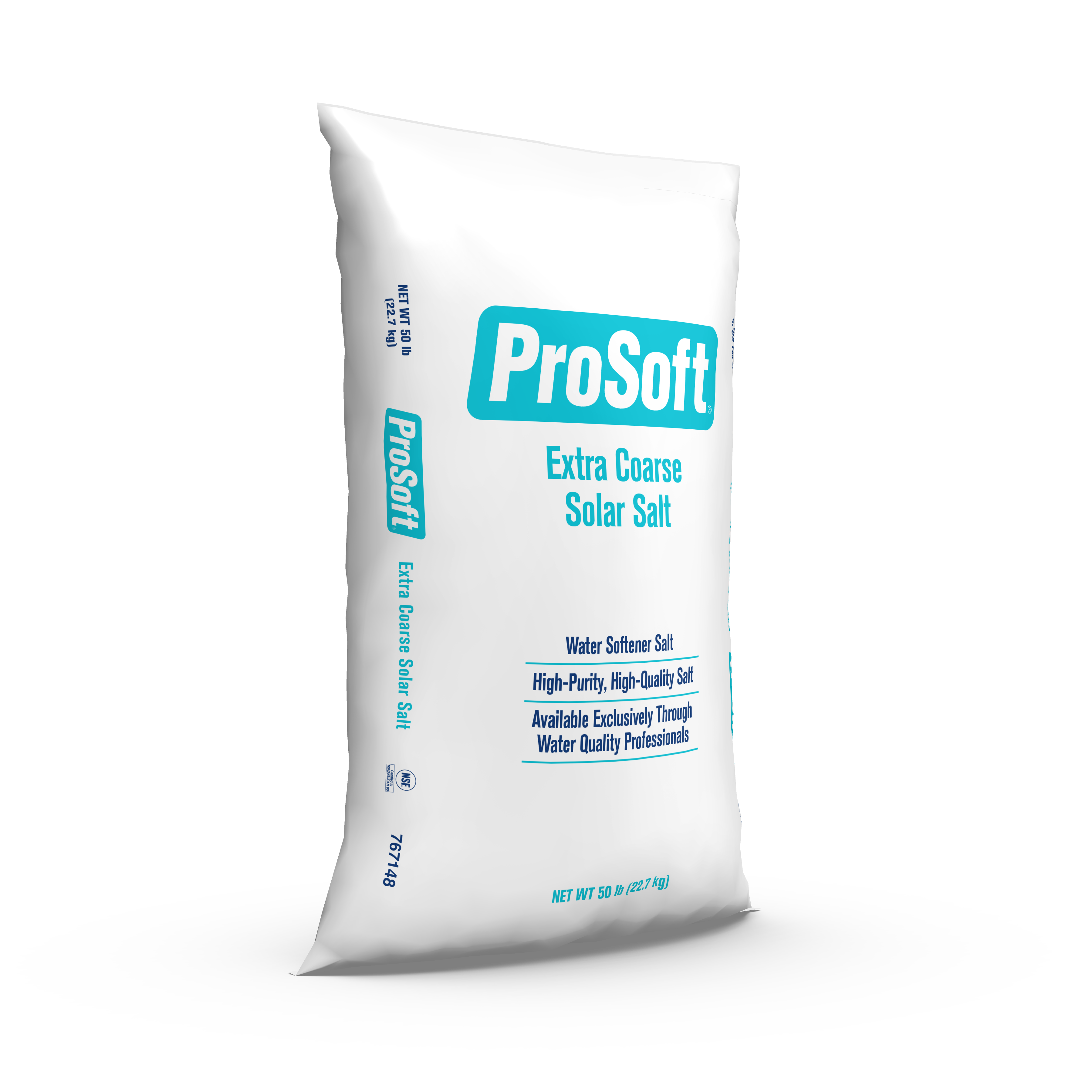 The right side of a 50-pound bag of ProSoft Extra Coarse Solar Salt water softener salt.