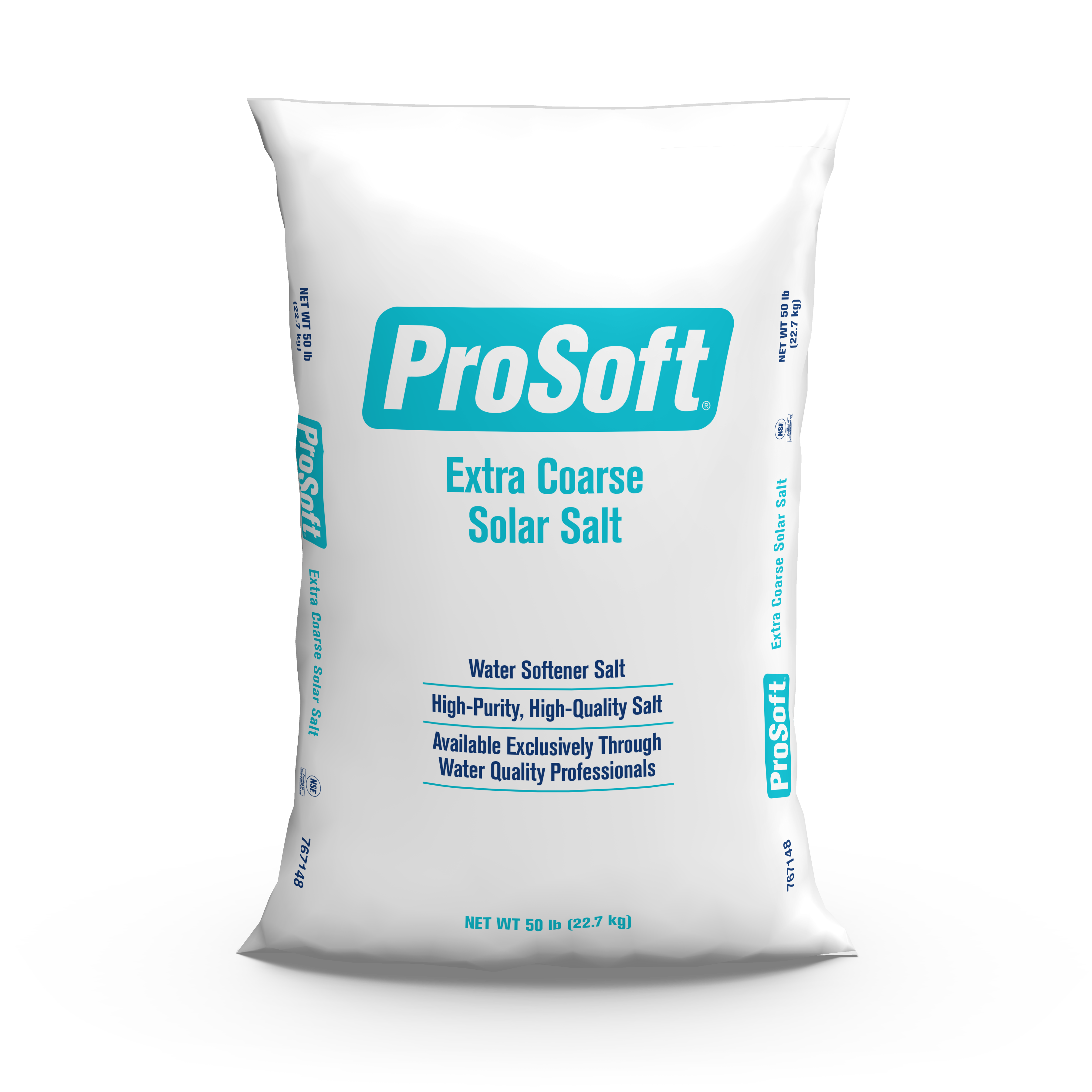 The front of a 50-pound bag of ProSoft Extra Coarse Solar Salt water softener salt.