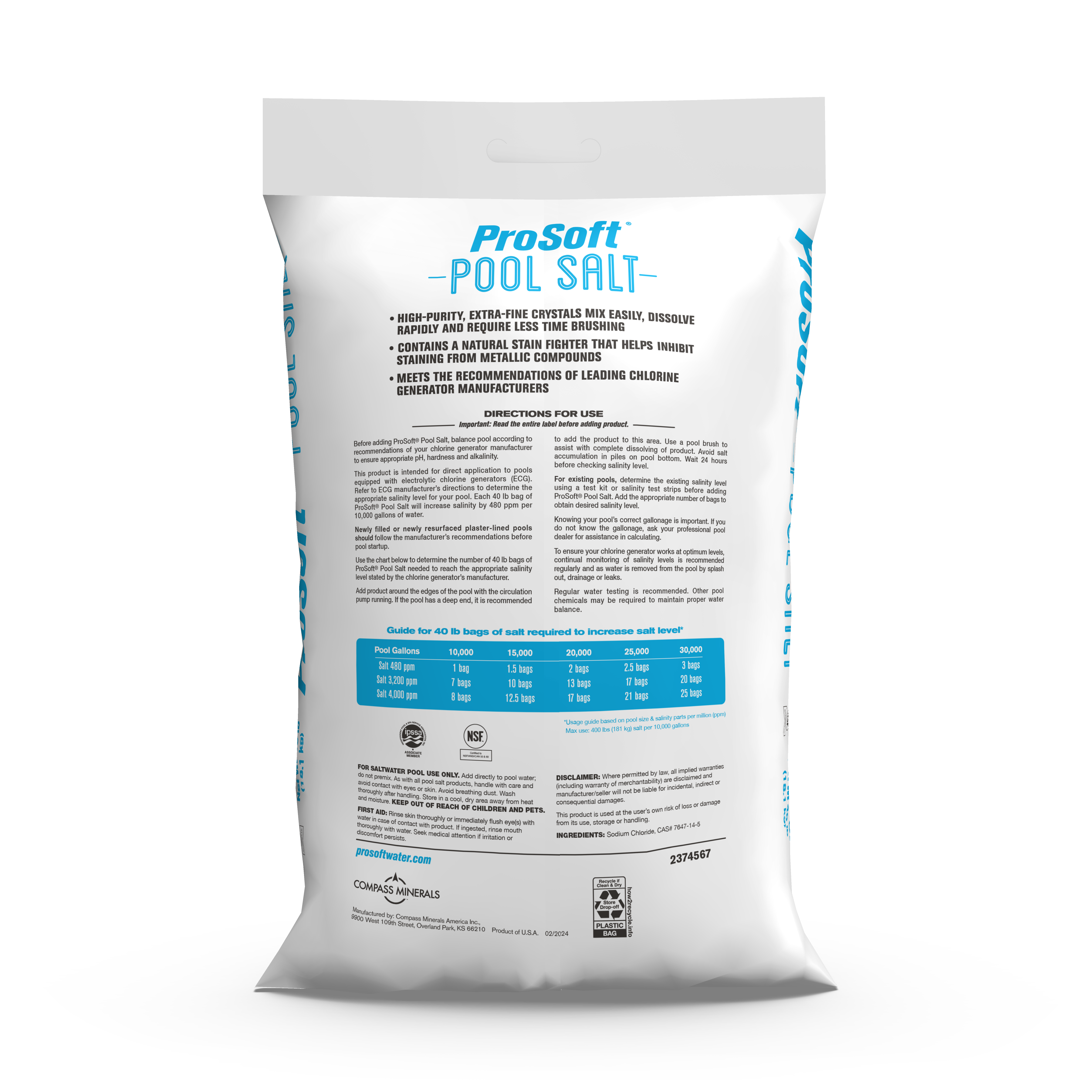 The back of a 40-pound bag of ProSoft Pool Salt.