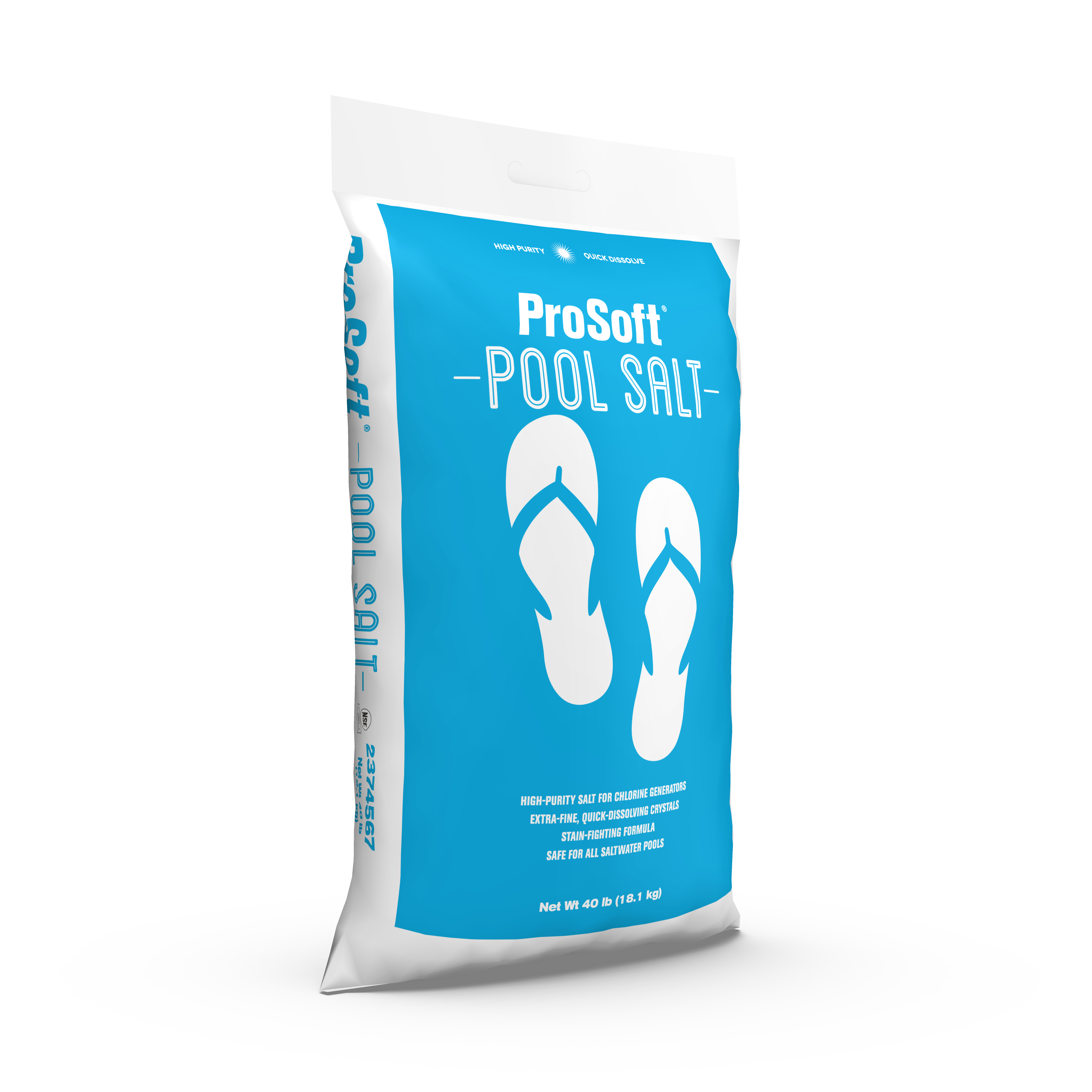 The right side of a 40-pound bag of ProSoft Pool Salt.