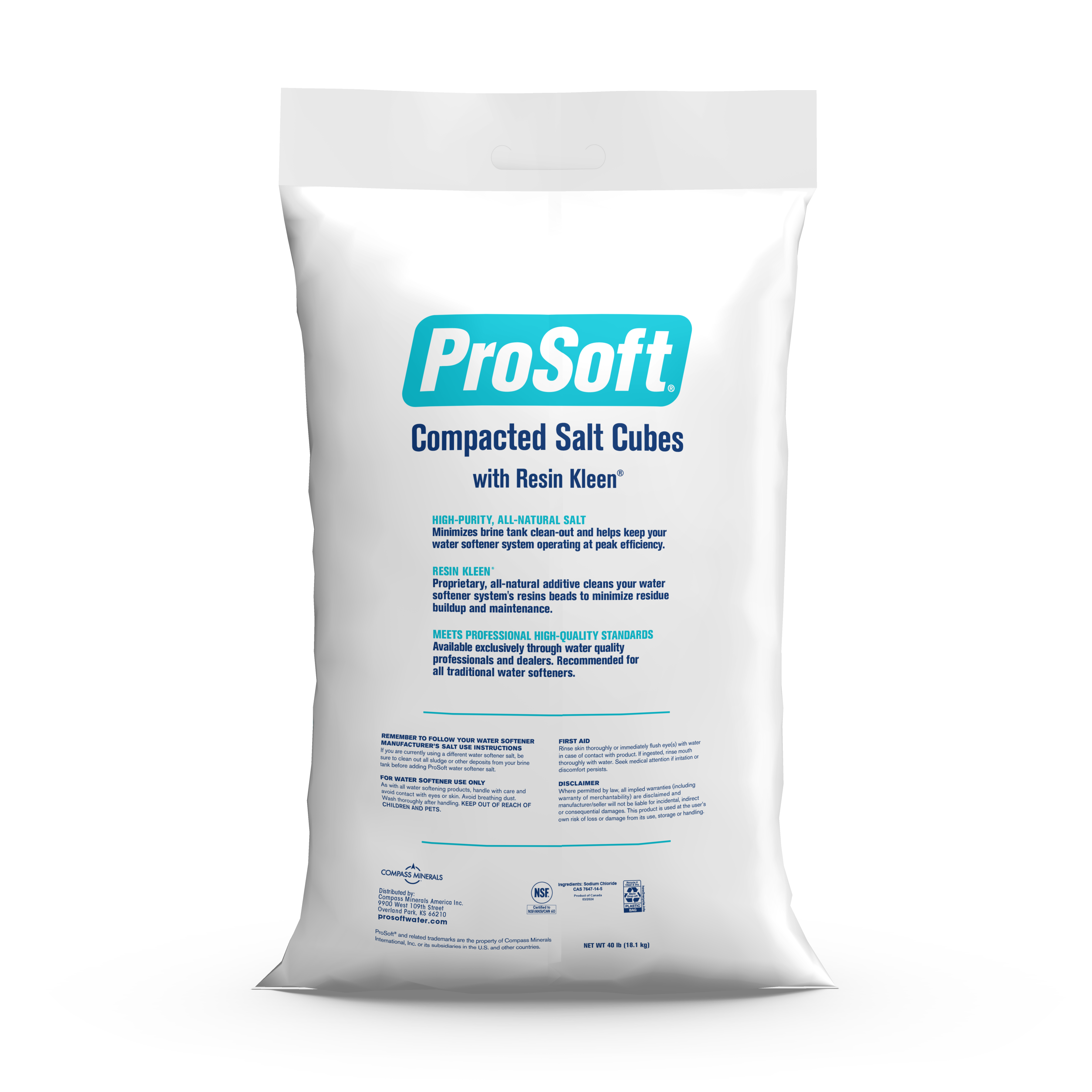 The back of a 40-pound bag of ProSoft Compacted Salt Cubes with Resin Kleen water softener salt.