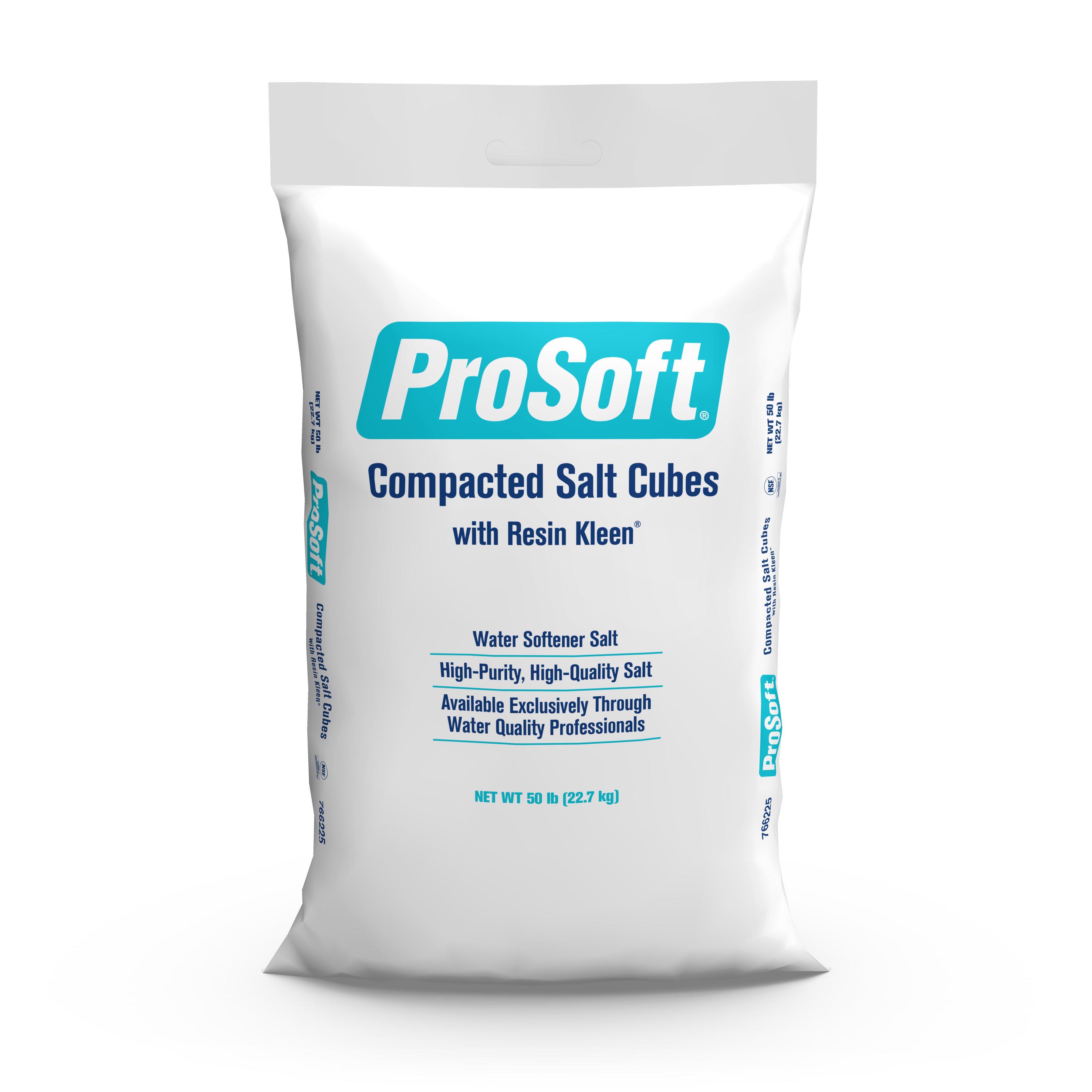 The front of a 50-pound bag of ProSoft Compacted Salt Cubes with Resin Kleen water softener salt.