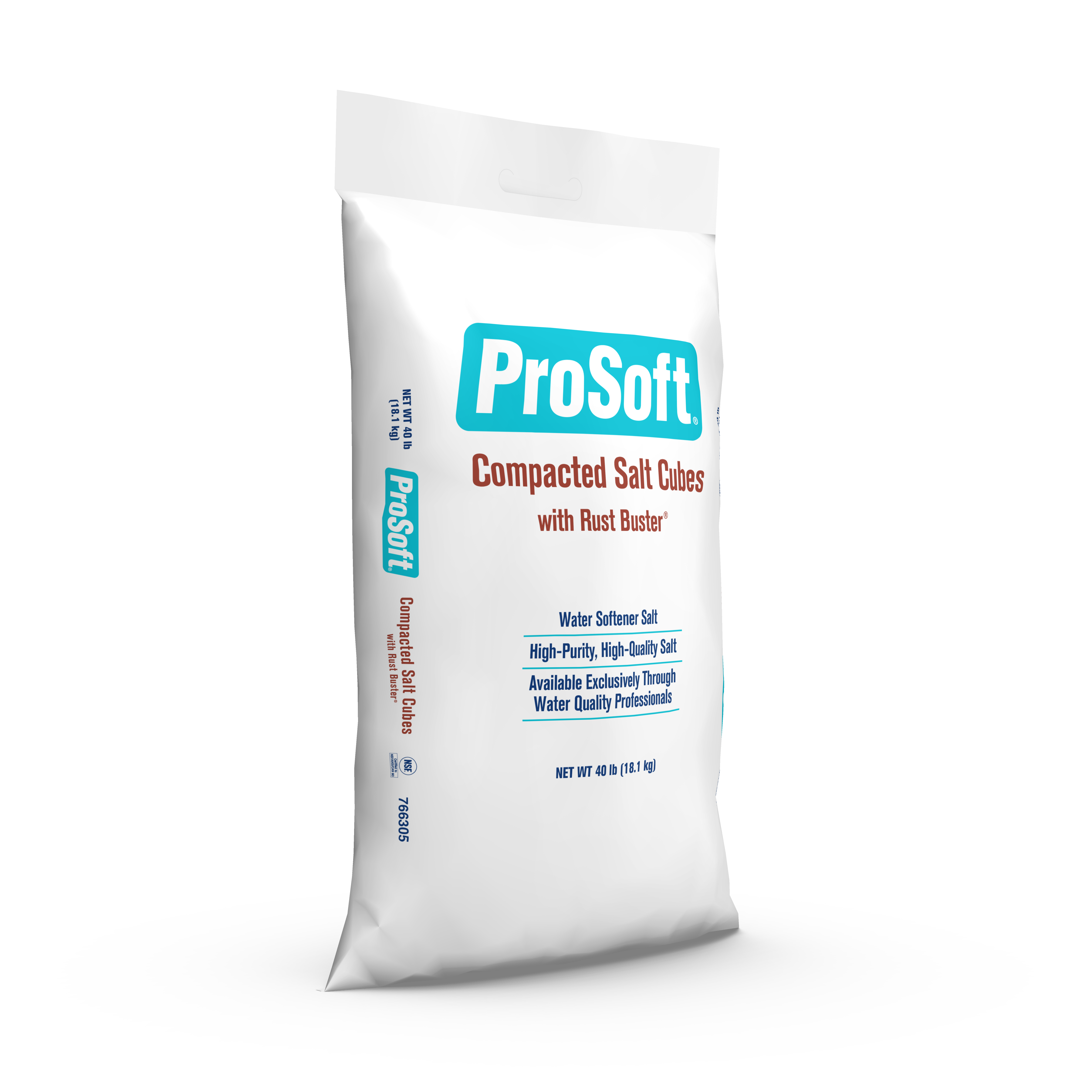 The right side of a 40-pound bag of ProSoft Compacted Salt Cubes with Rust Buster water softener salt.