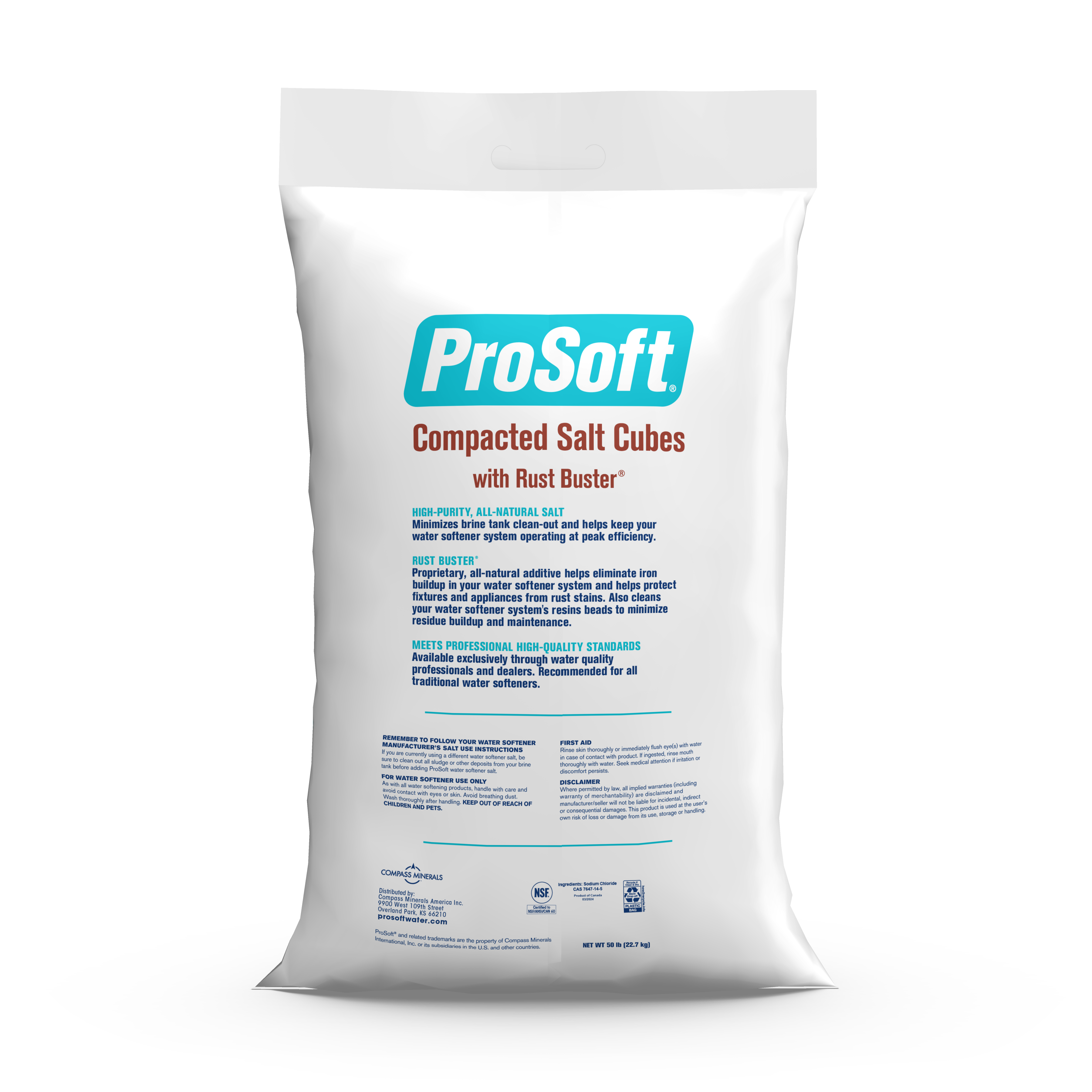 The back of a 50-pound bag of ProSoft Compacted Salt Cubes with Rust Buster water softener salt.