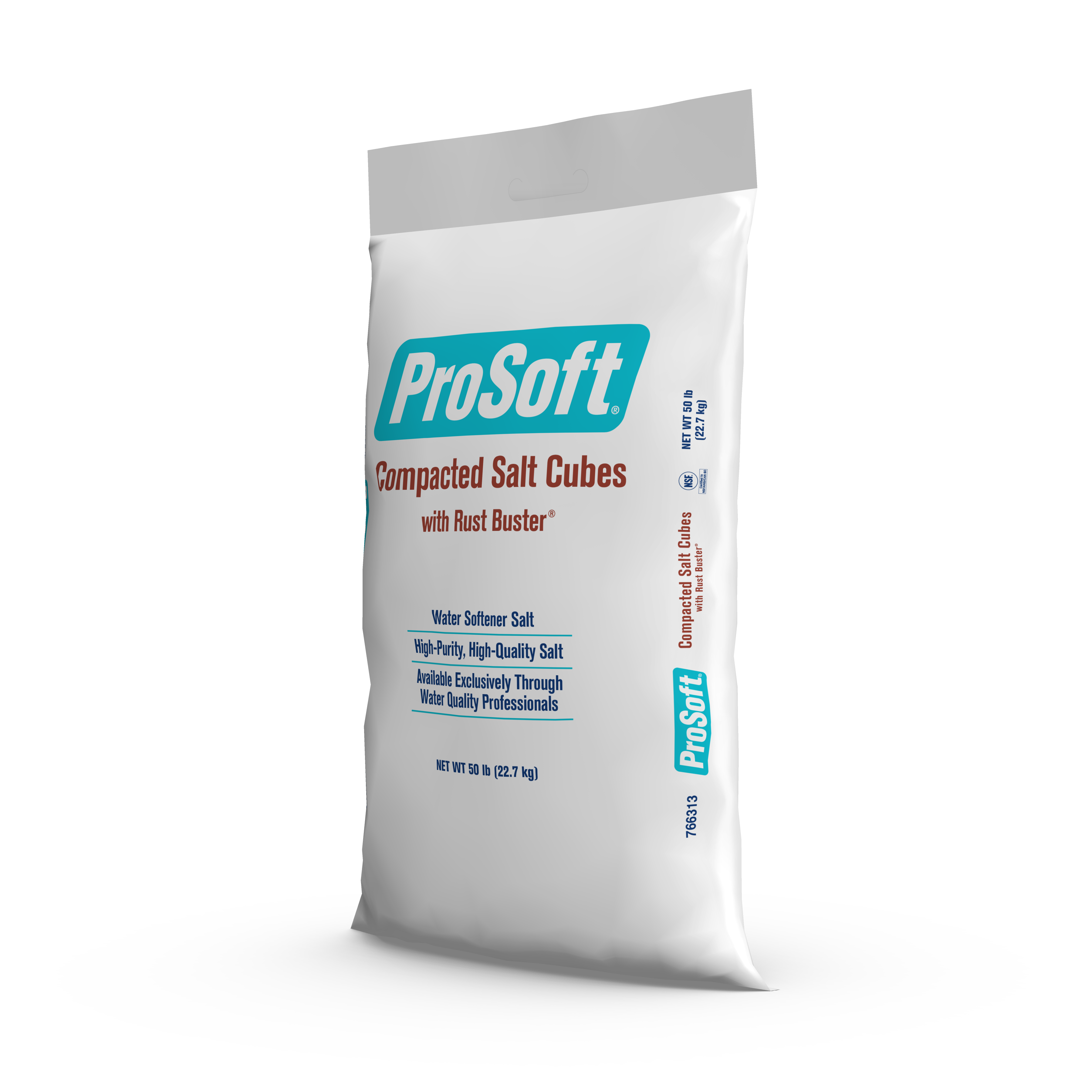 The left side of a 50-pound bag of ProSoft Compacted Salt Cubes with Rust Buster water softener salt.