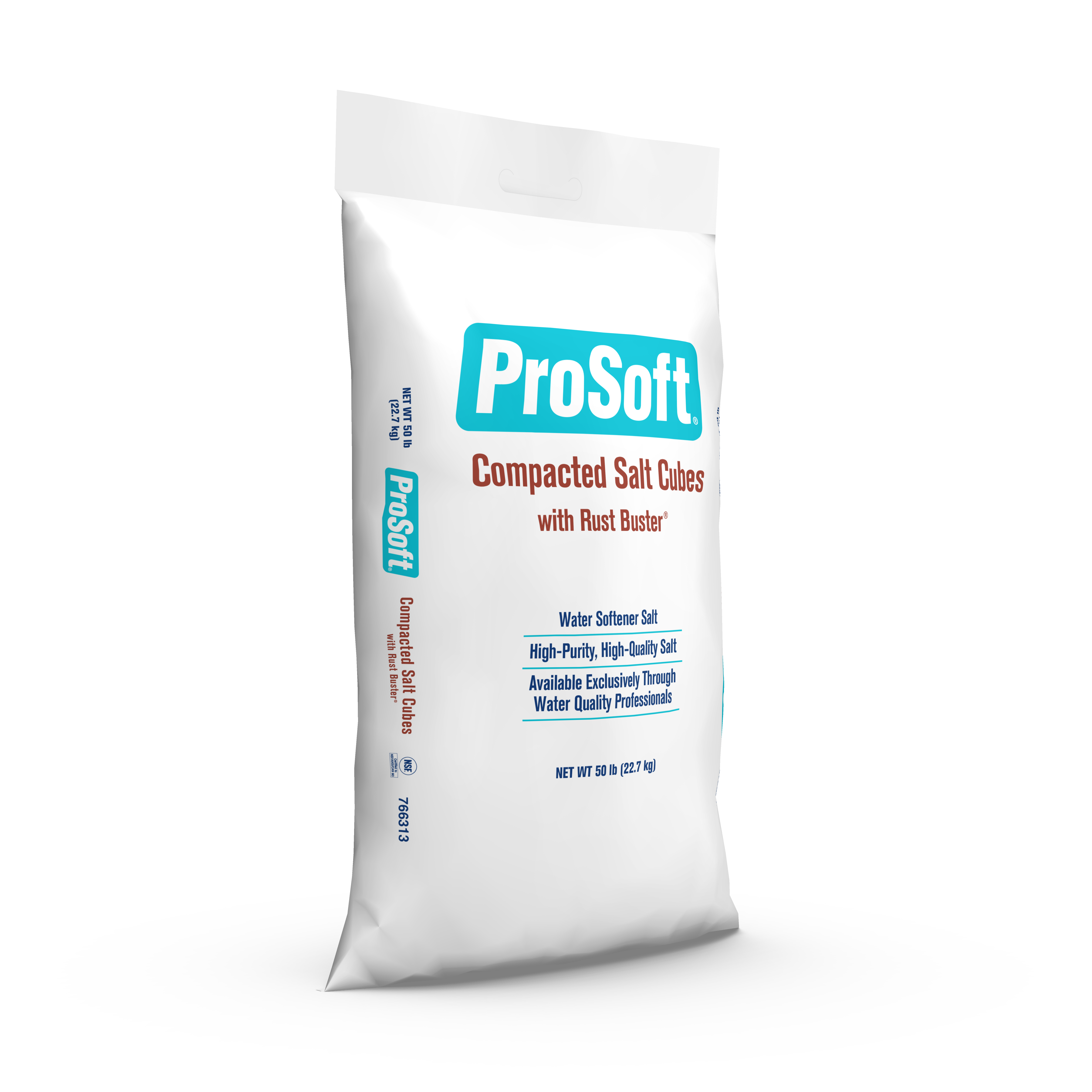The right side of a 50-pound bag of ProSoft Compacted Salt Cubes with Rust Buster water softener salt.