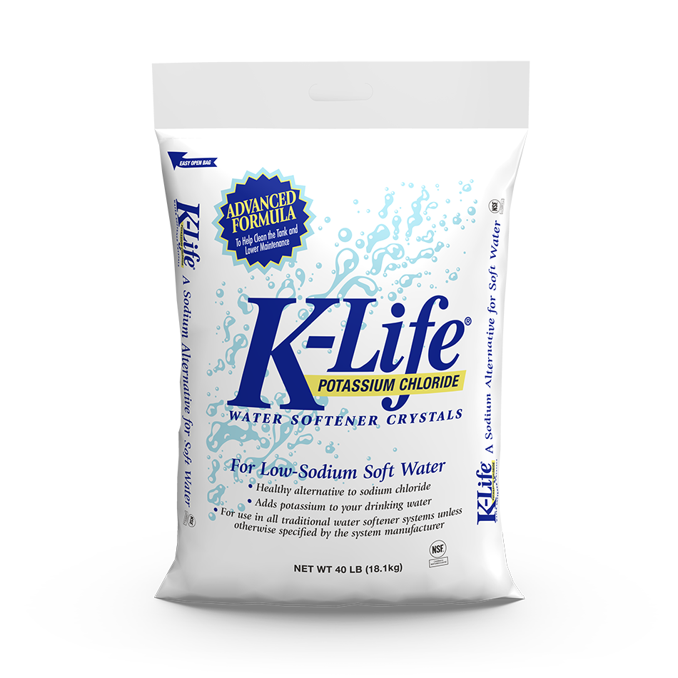 The front of a bag of K-Life potassium chloride water softener crystals.