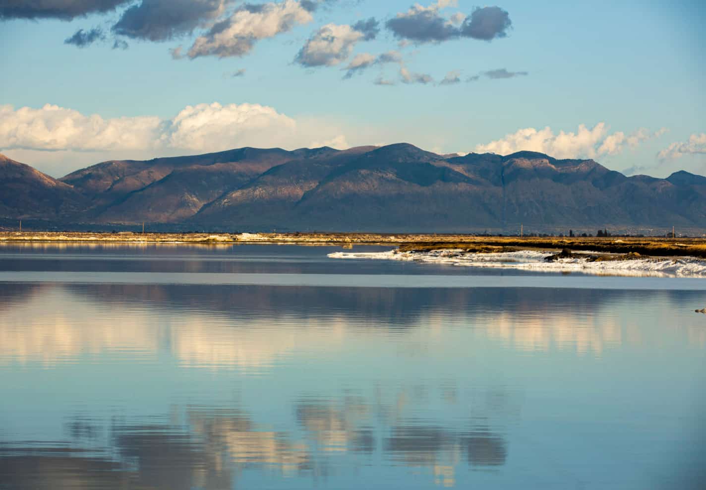 A picturesque mountainside overlooking the Compass Minerals ponds near the Great Salt Lake.