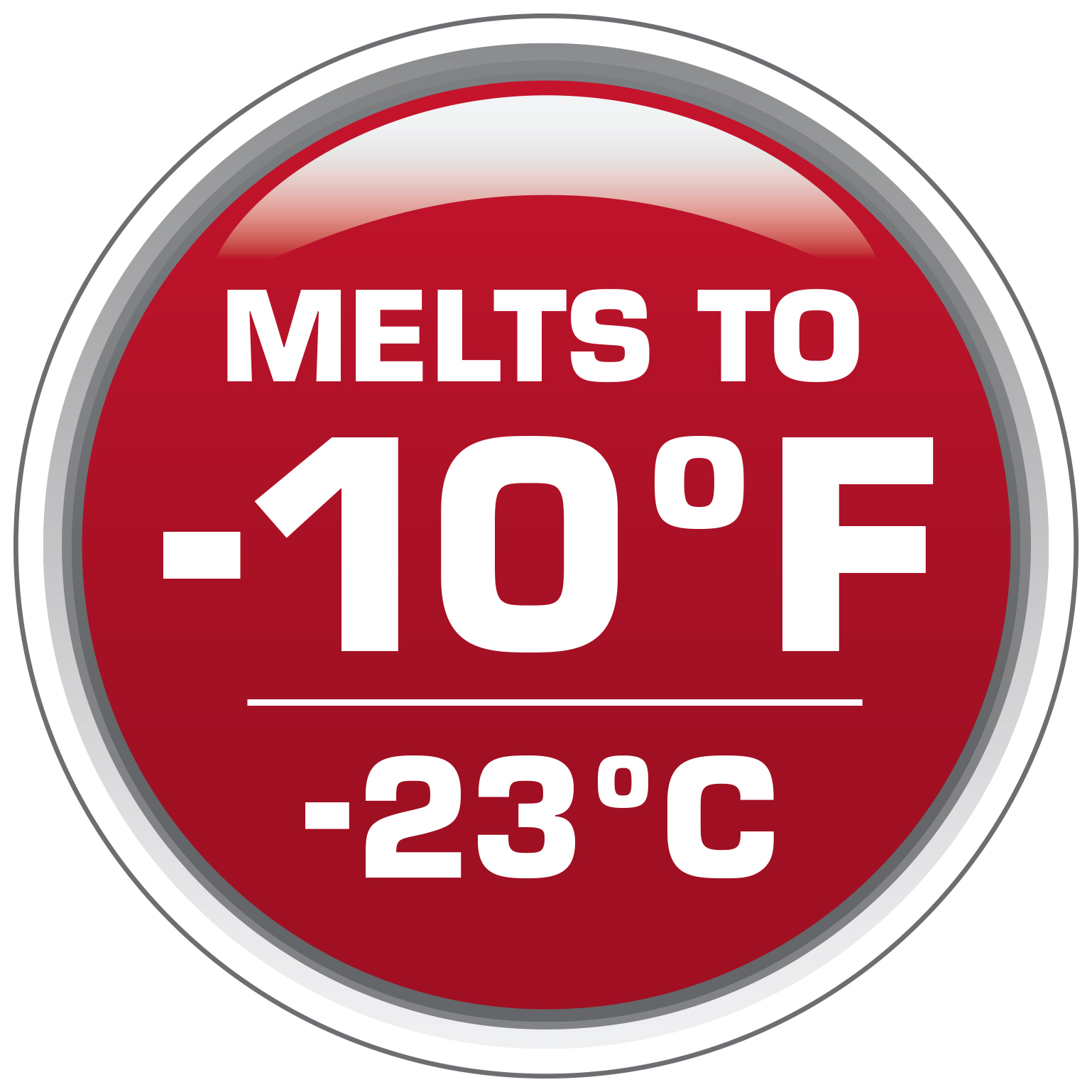 A round button that says, 'Melts to -10° F / -23° C'.