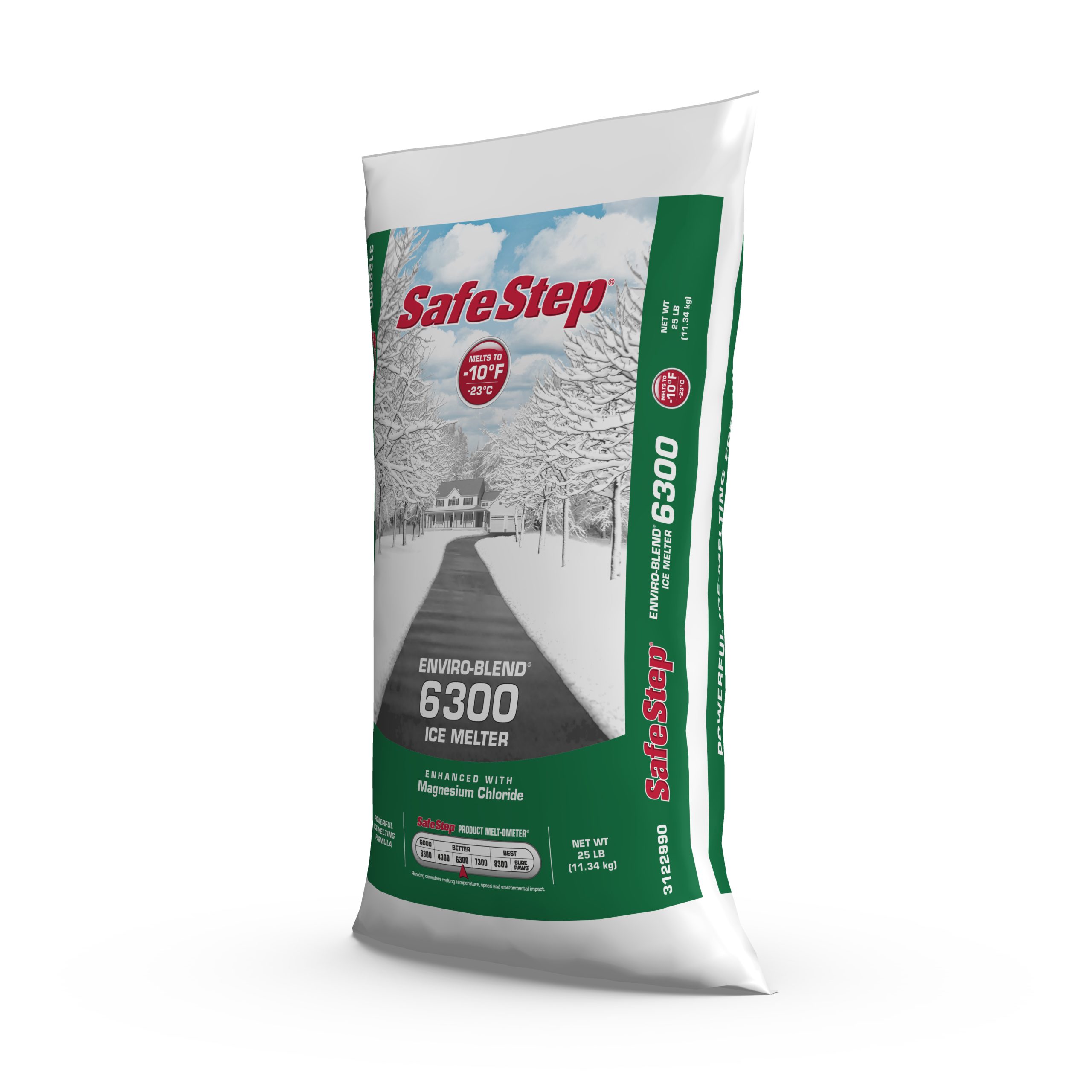 The left side of a 25-pound bag of Safe Step Enviro-Blend 6300 ice melter.
