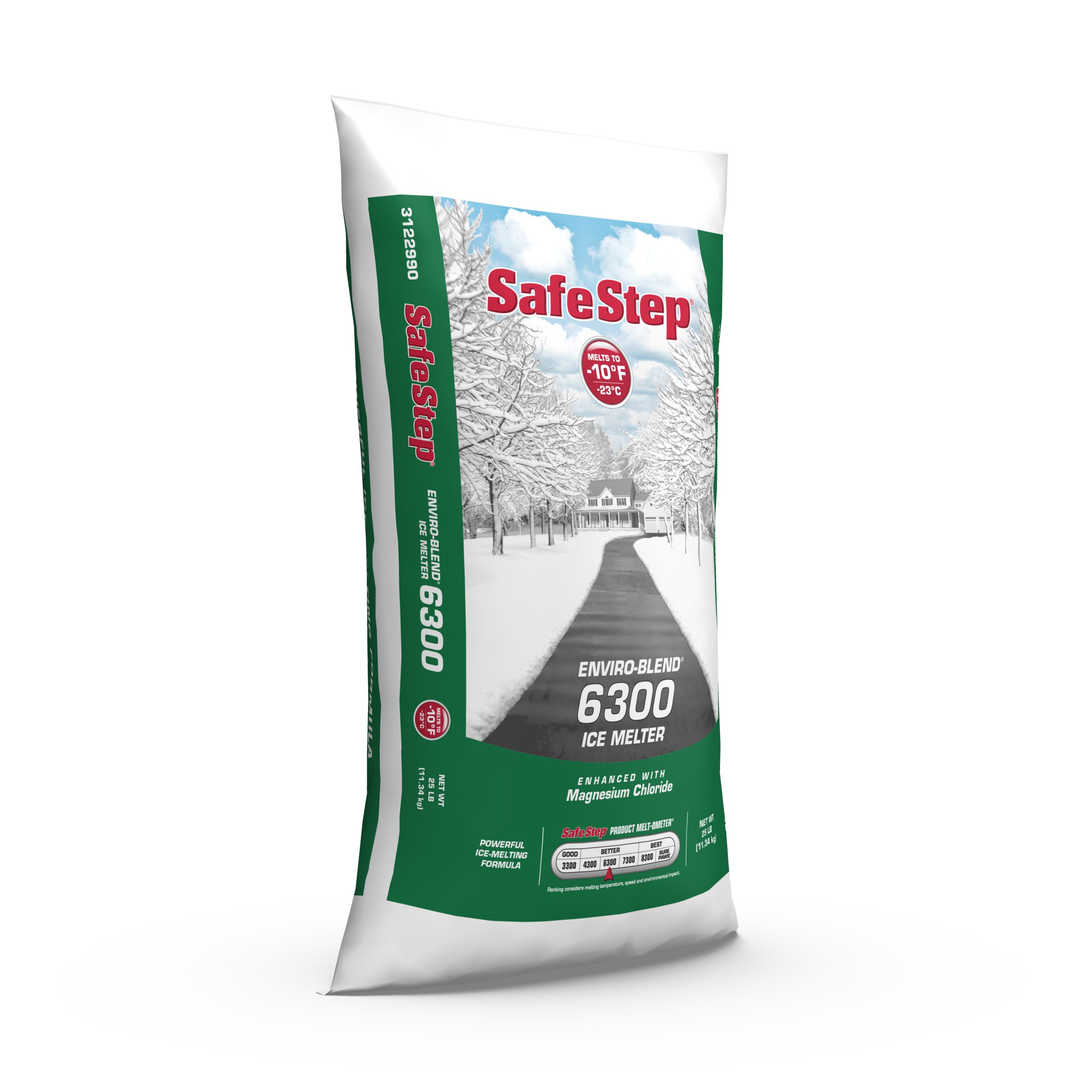 The right side of a 25-pound bag of Safe Step Enviro-Blend 6300 ice melter.