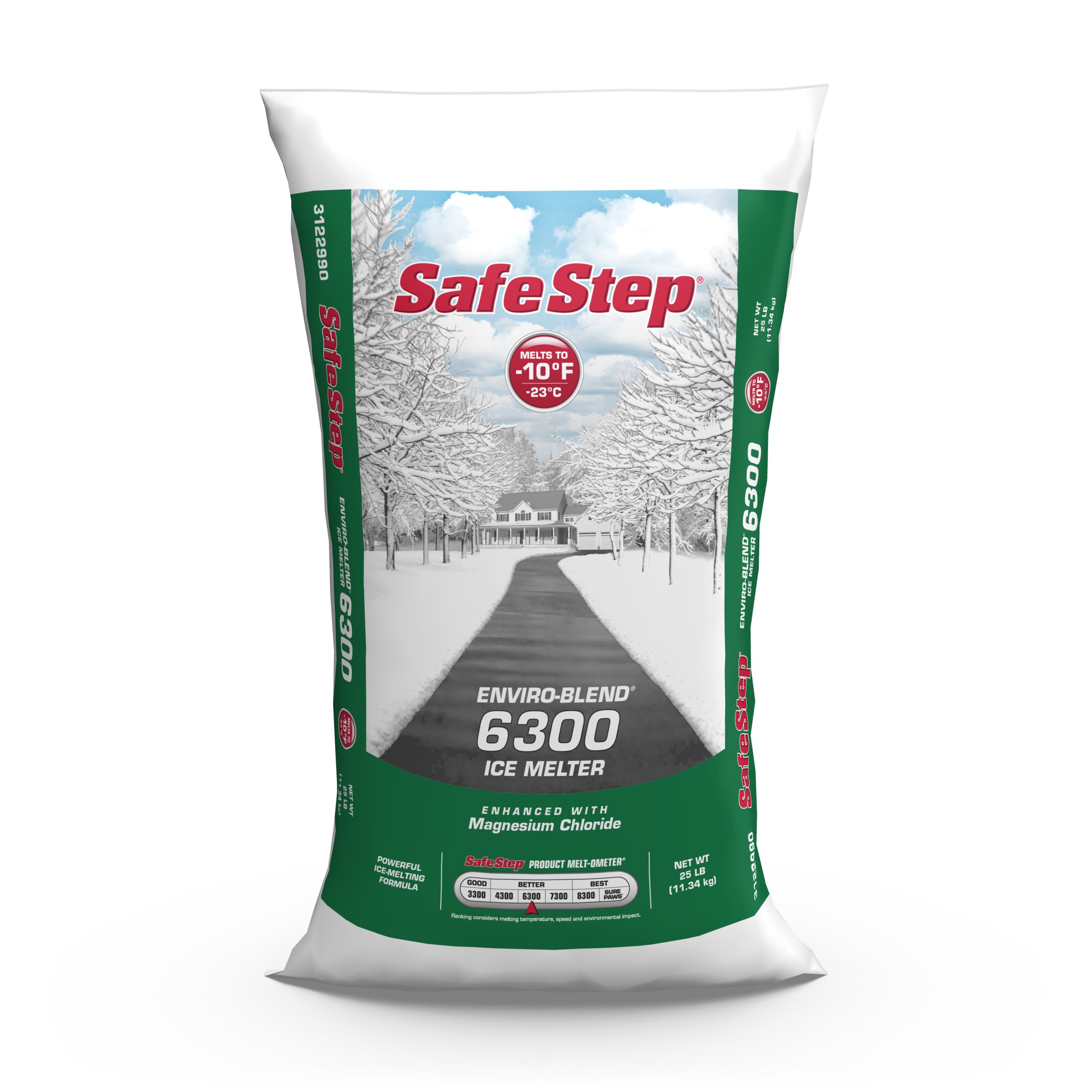 The front of a 25-pound bag of Safe Step Enviro-Blend 6300 ice melter.