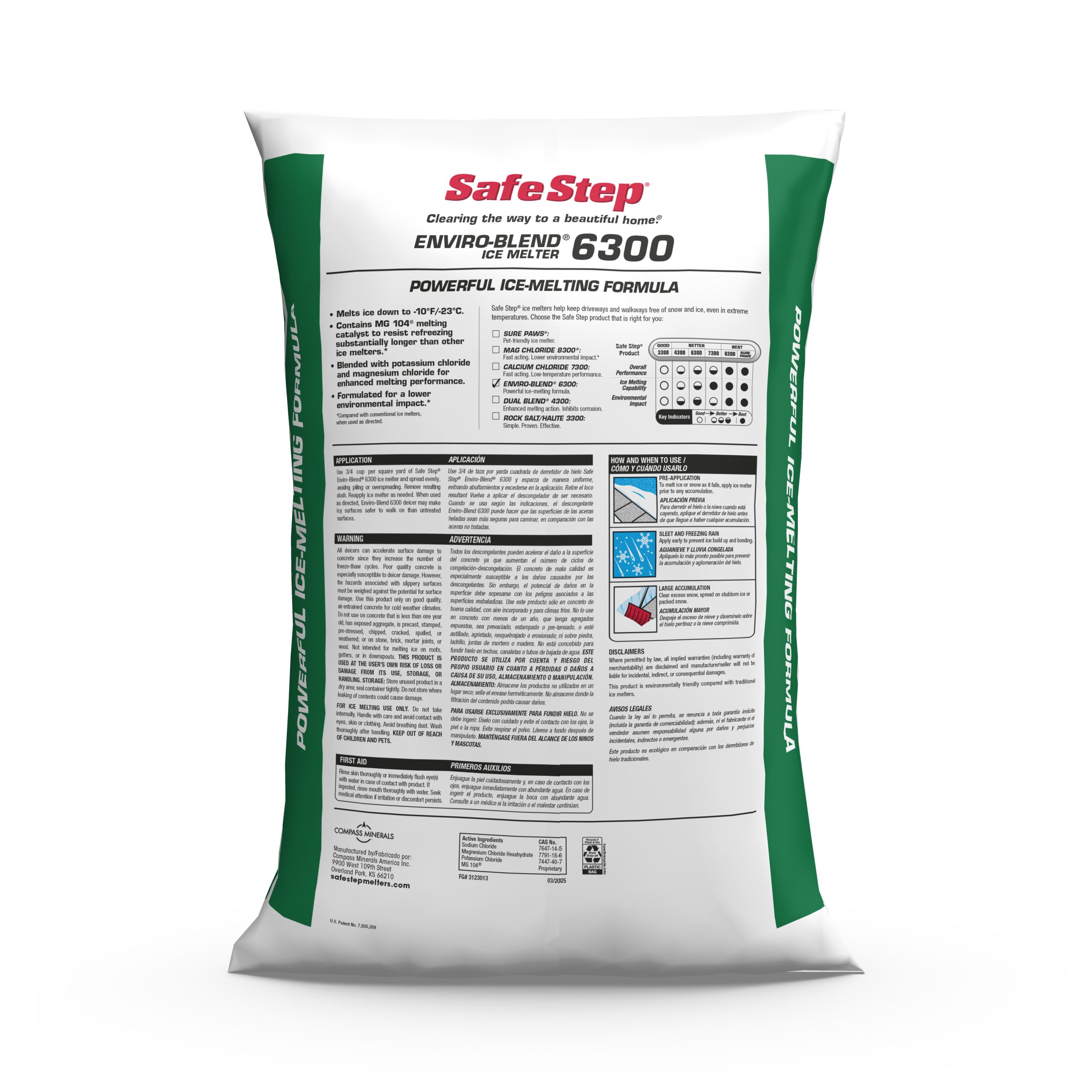 The back of a 50-pound bag of Safe Step Enviro-Blend 6300 ice melter.