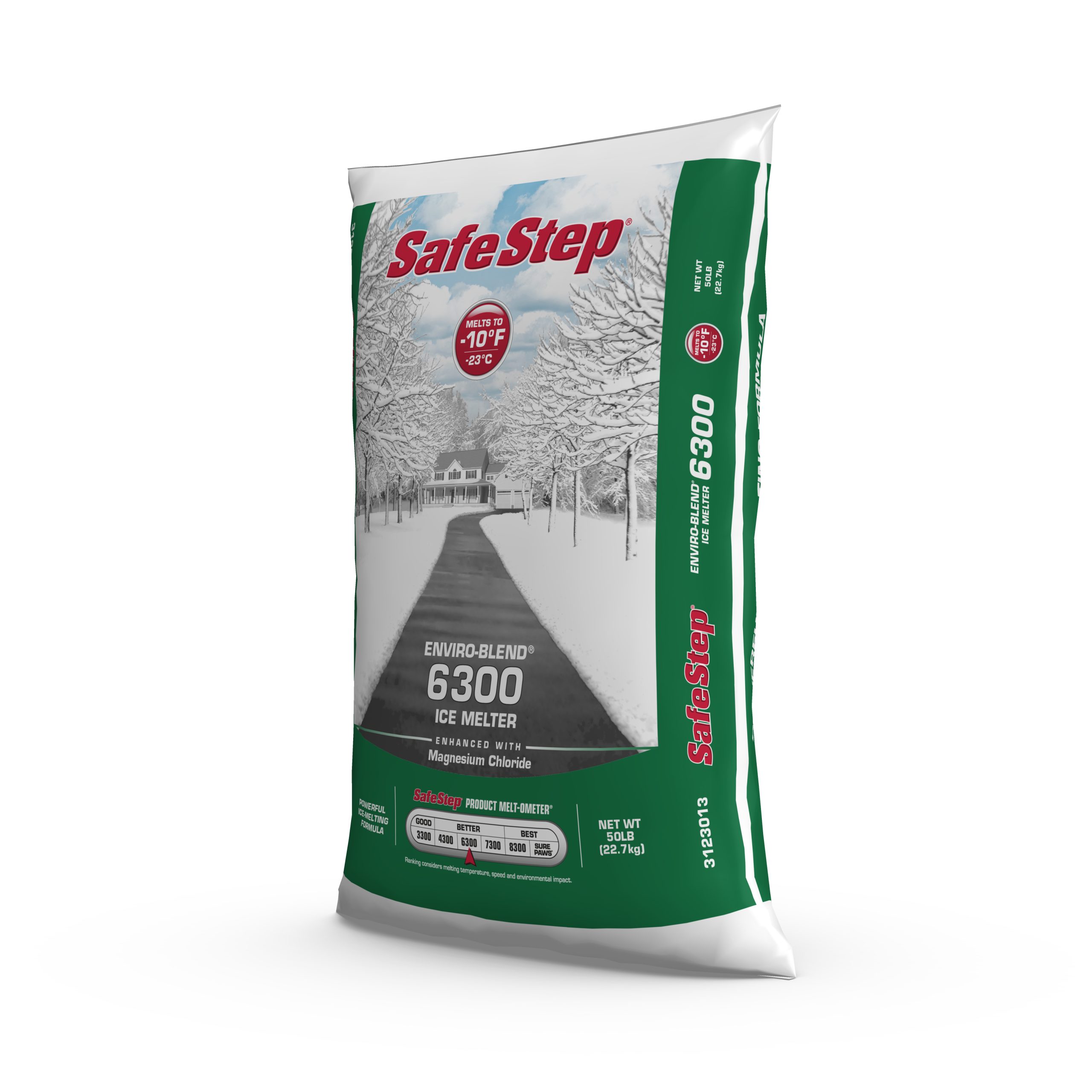 The left side of a 50-pound bag of Safe Step Enviro-Blend 6300 ice melter.