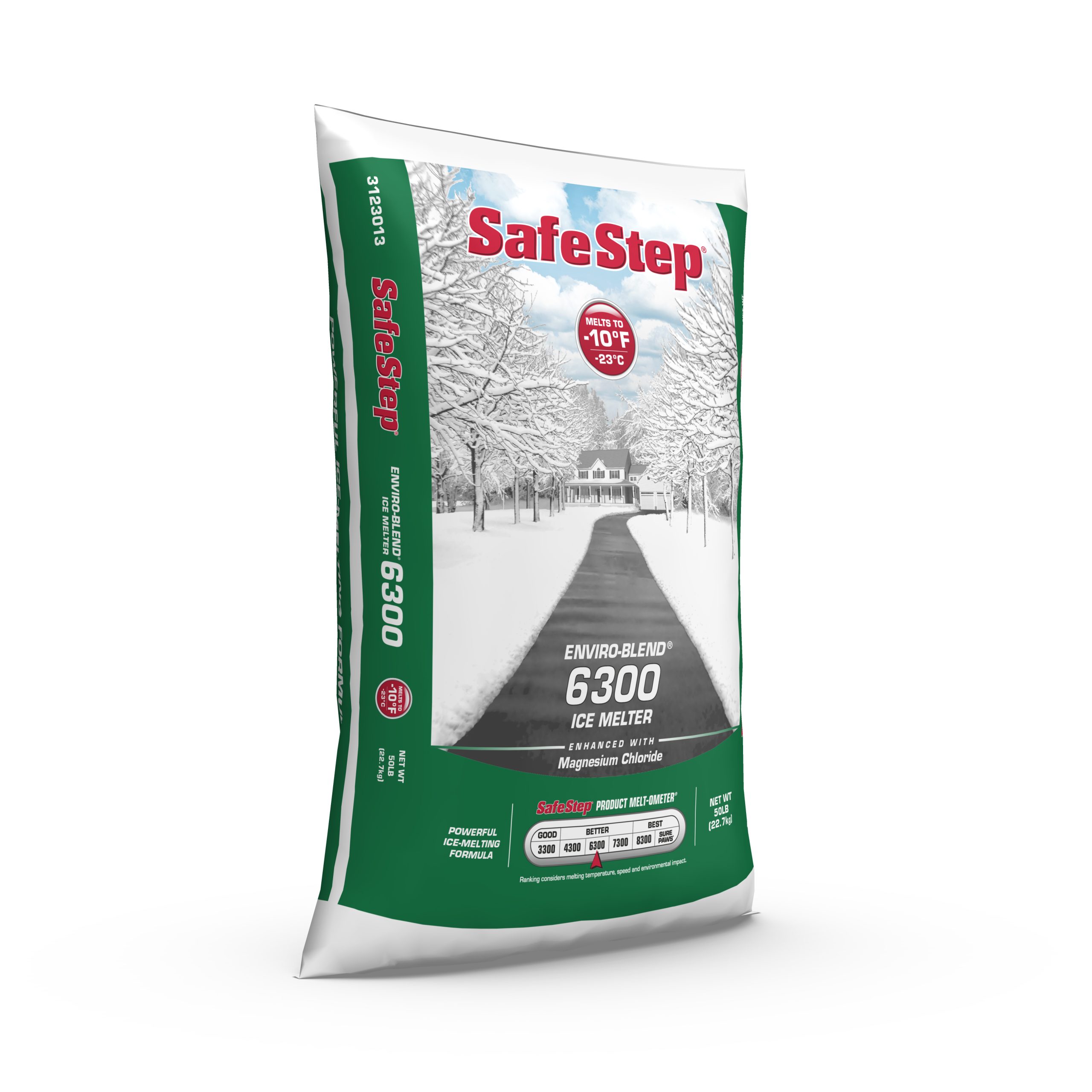 The right side of a 50-pound bag of Safe Step Enviro-Blend 6300 ice melter.