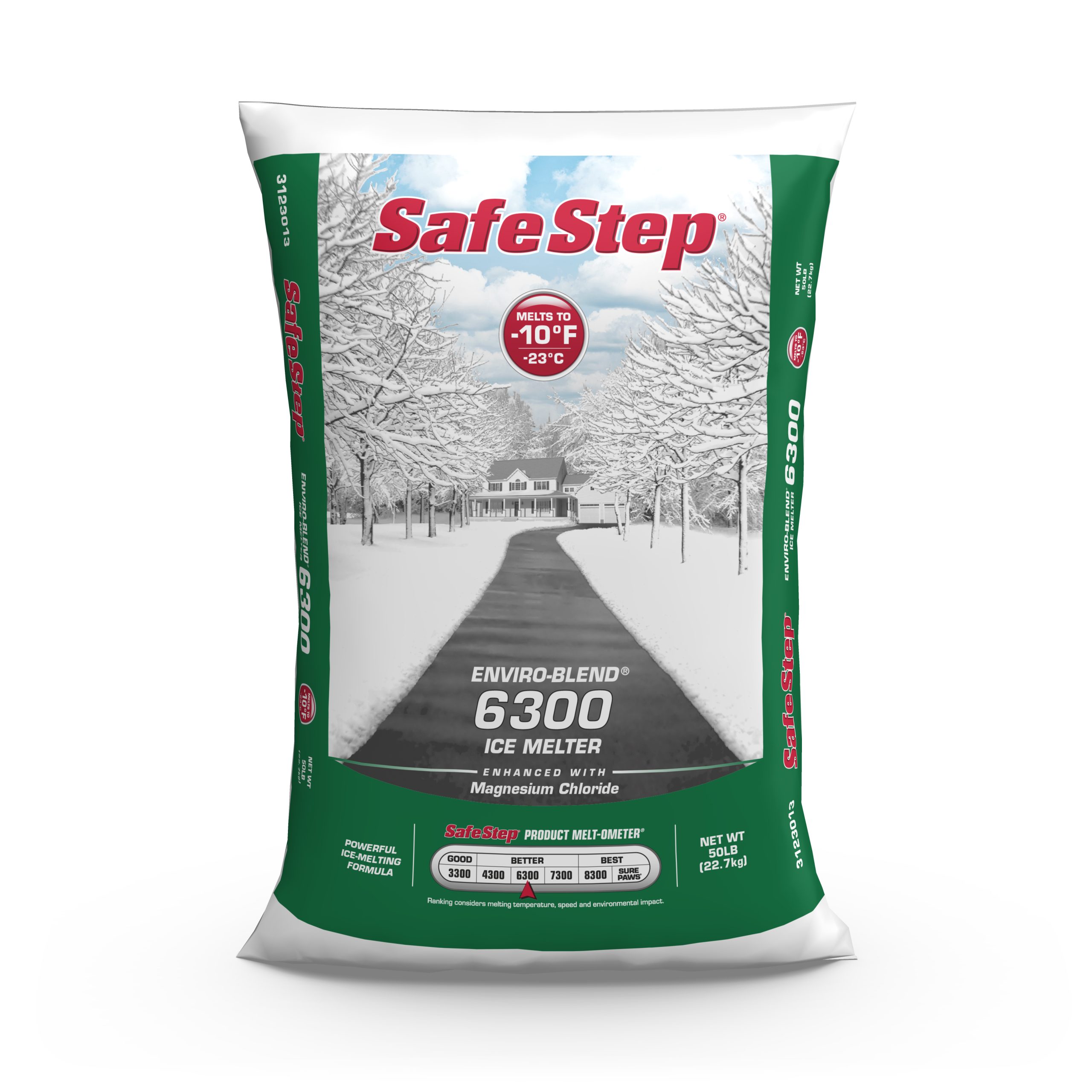 The front of a 50-pound bag of Safe Step Enviro-Blend 6300 ice melter.