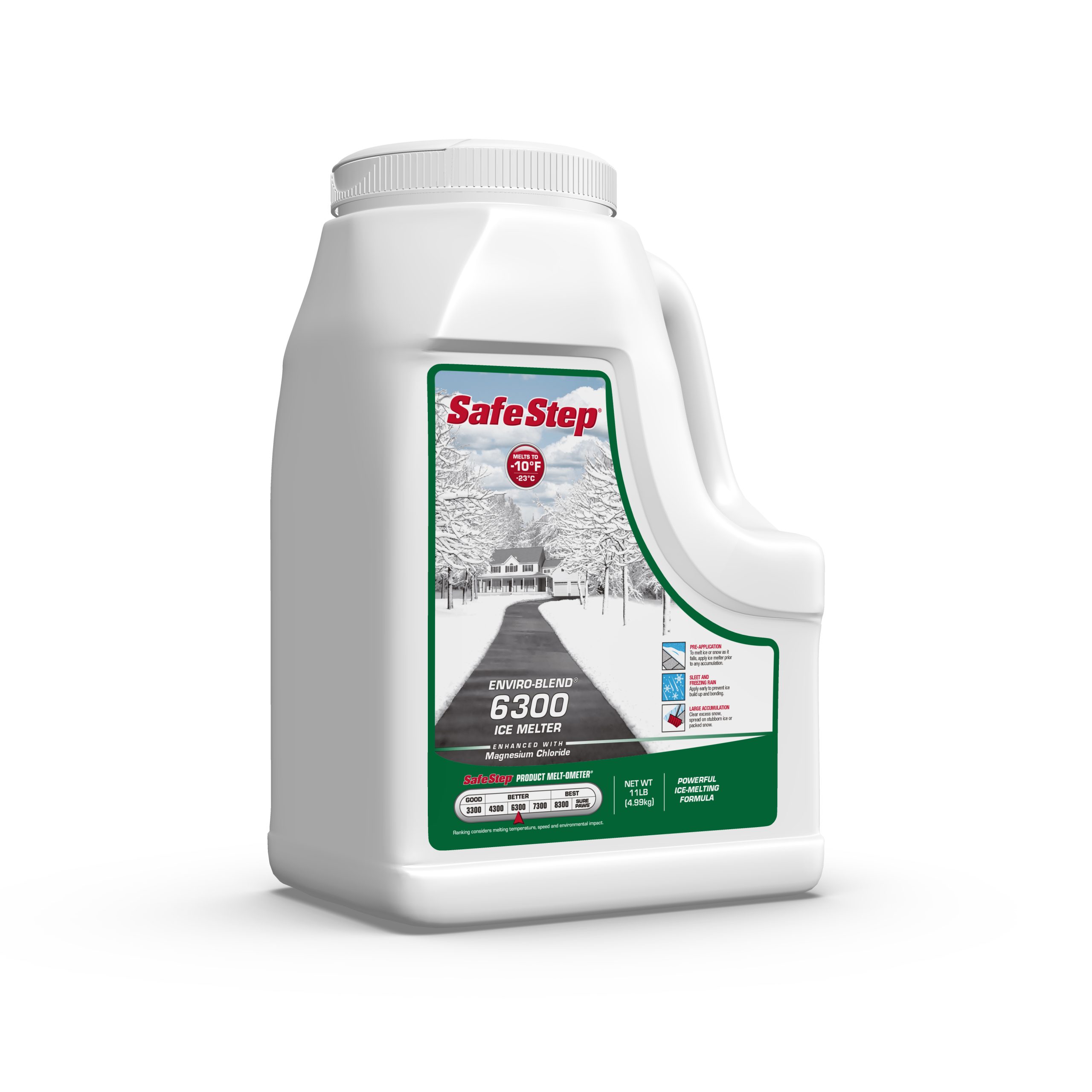 The right side of an 11-pound jug of Safe Step Enviro-Blend 6300 ice melter.