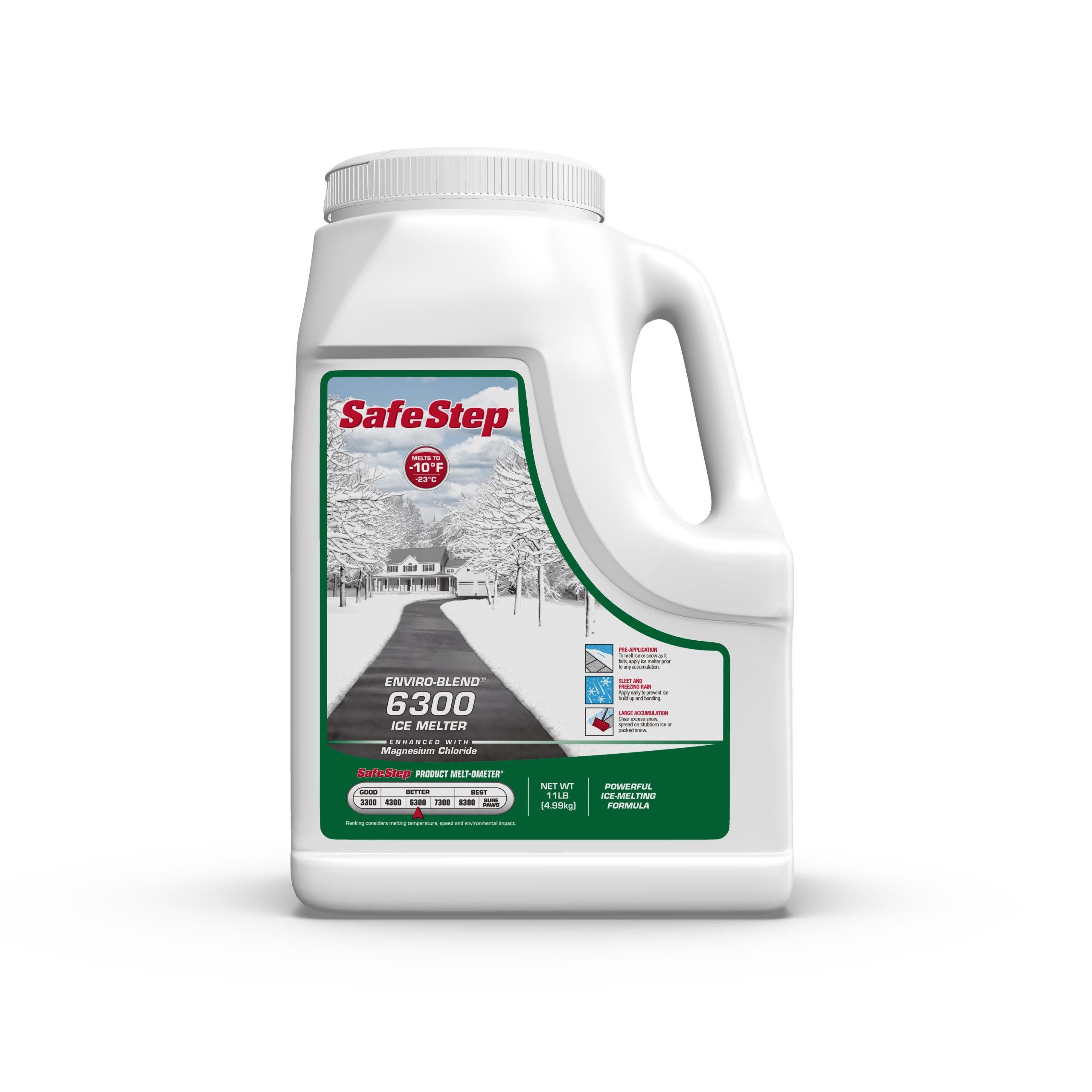 The front of an 11-pound jug of Safe Step Enviro-Blend 6300 ice melter.