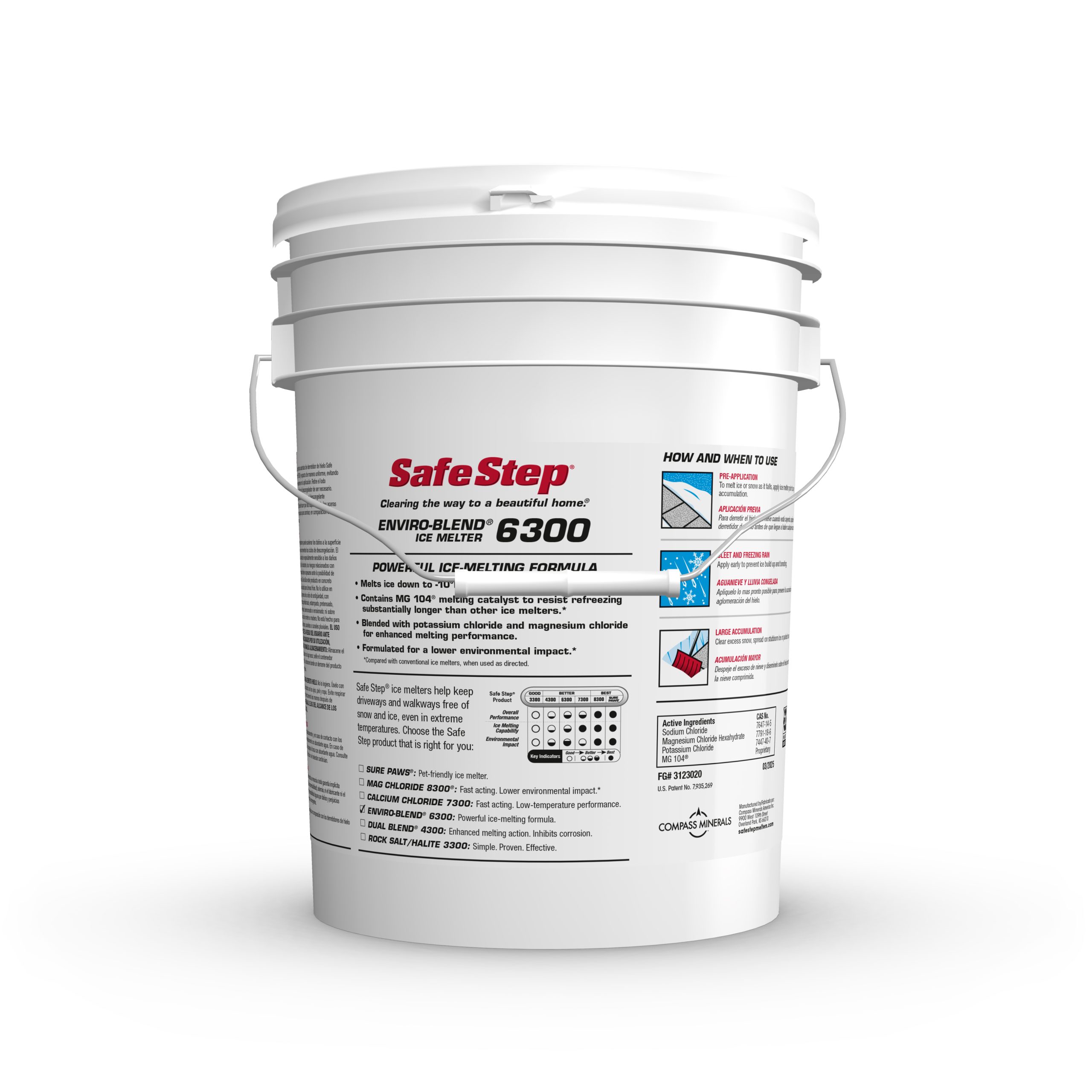 The back of a 40-pound pail of Safe Step Enviro-Blend 6300 ice melter.