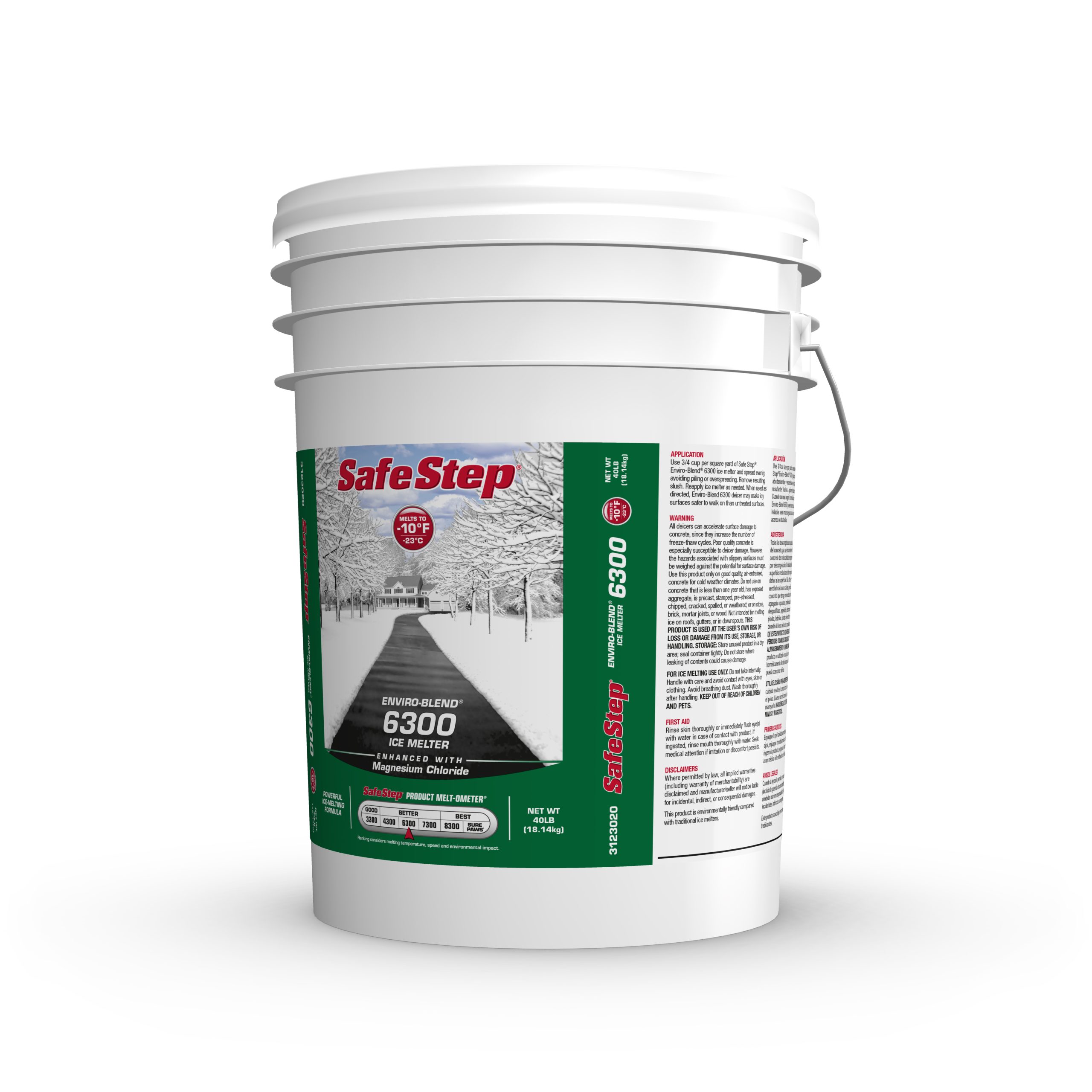 The left side of a 40-pound pail of Safe Step Enviro-Blend 6300 ice melter.