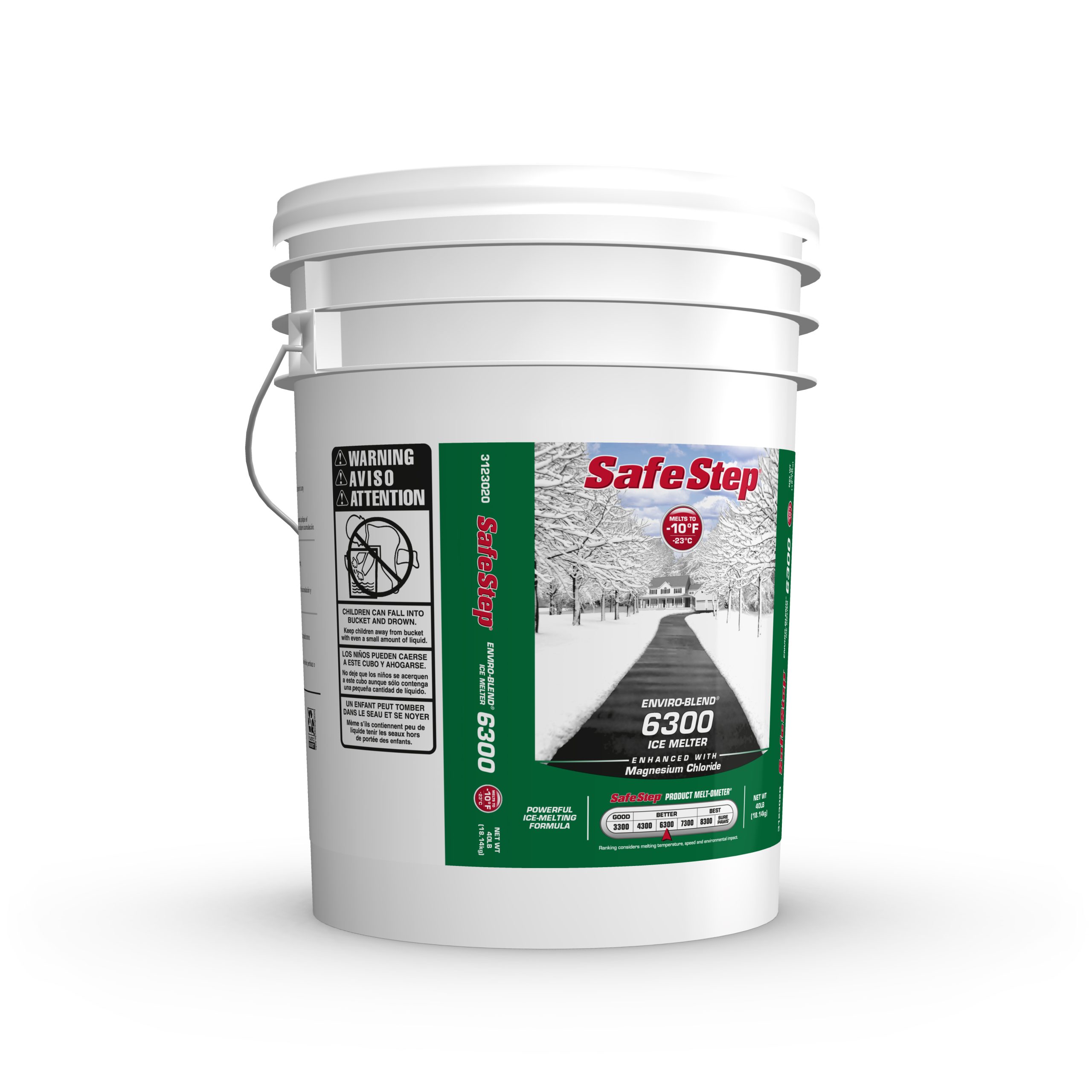 The right side of a 40-pound pail of Safe Step Enviro-Blend 6300 ice melter.