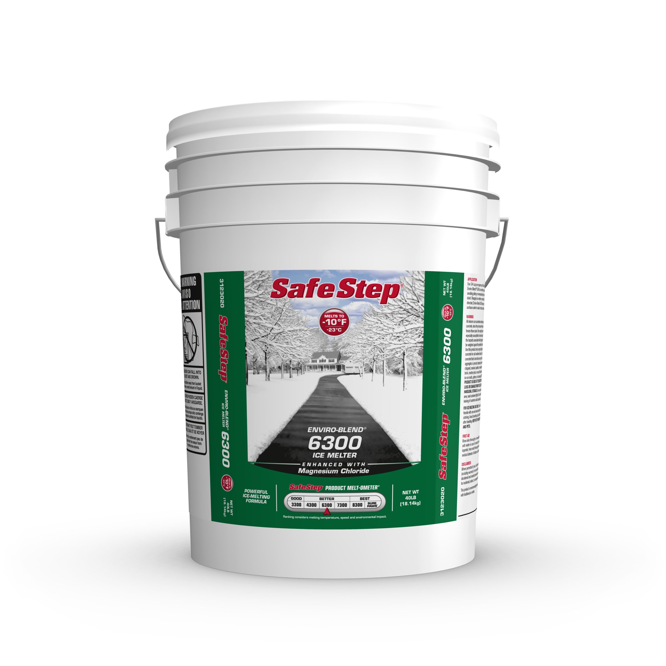 The front of a 40-pound pail of Safe Step Enviro-Blend 6300 ice melter.