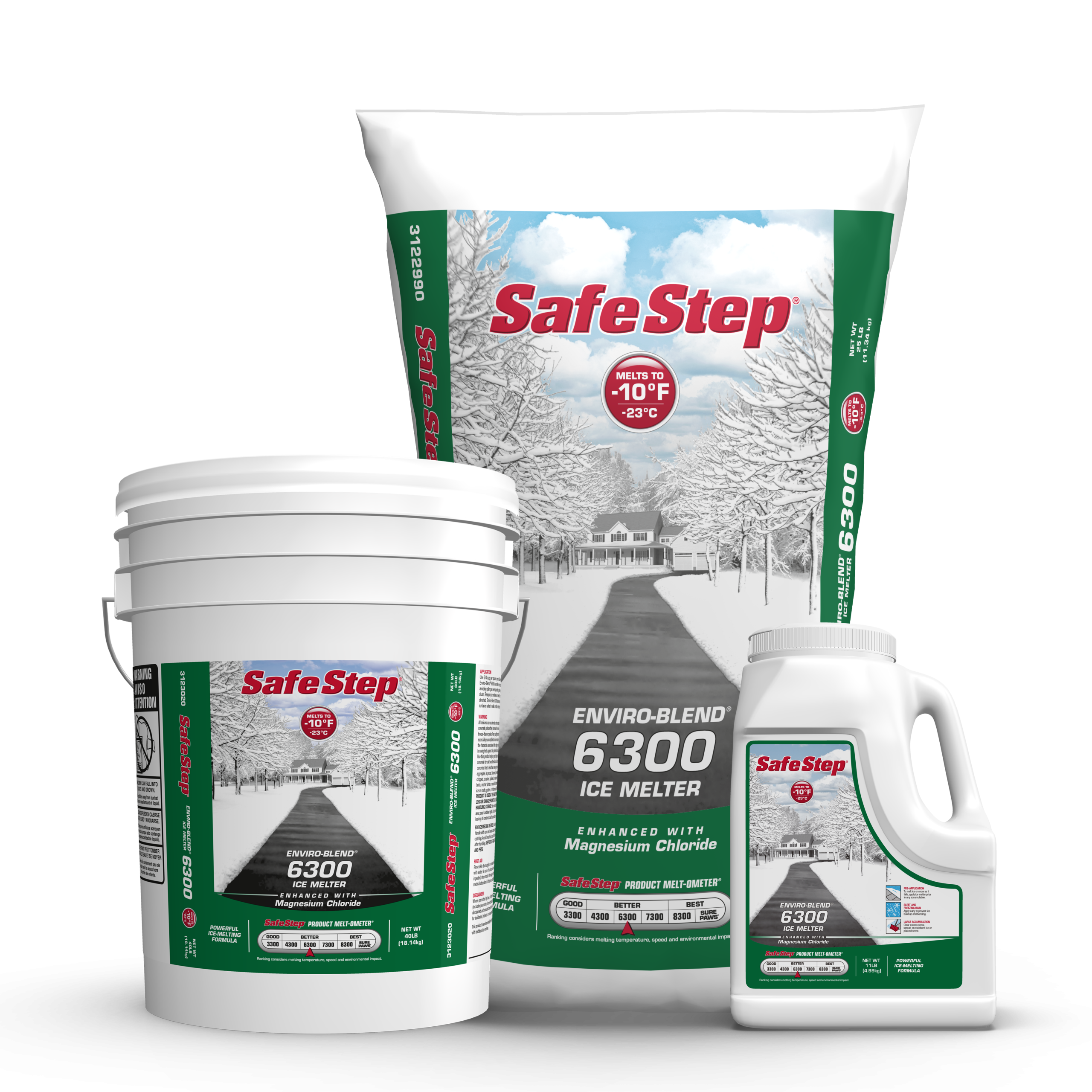 The front of a bag and a jug and a pail of Safe Step Enviro-Blend 6300 ice melter.