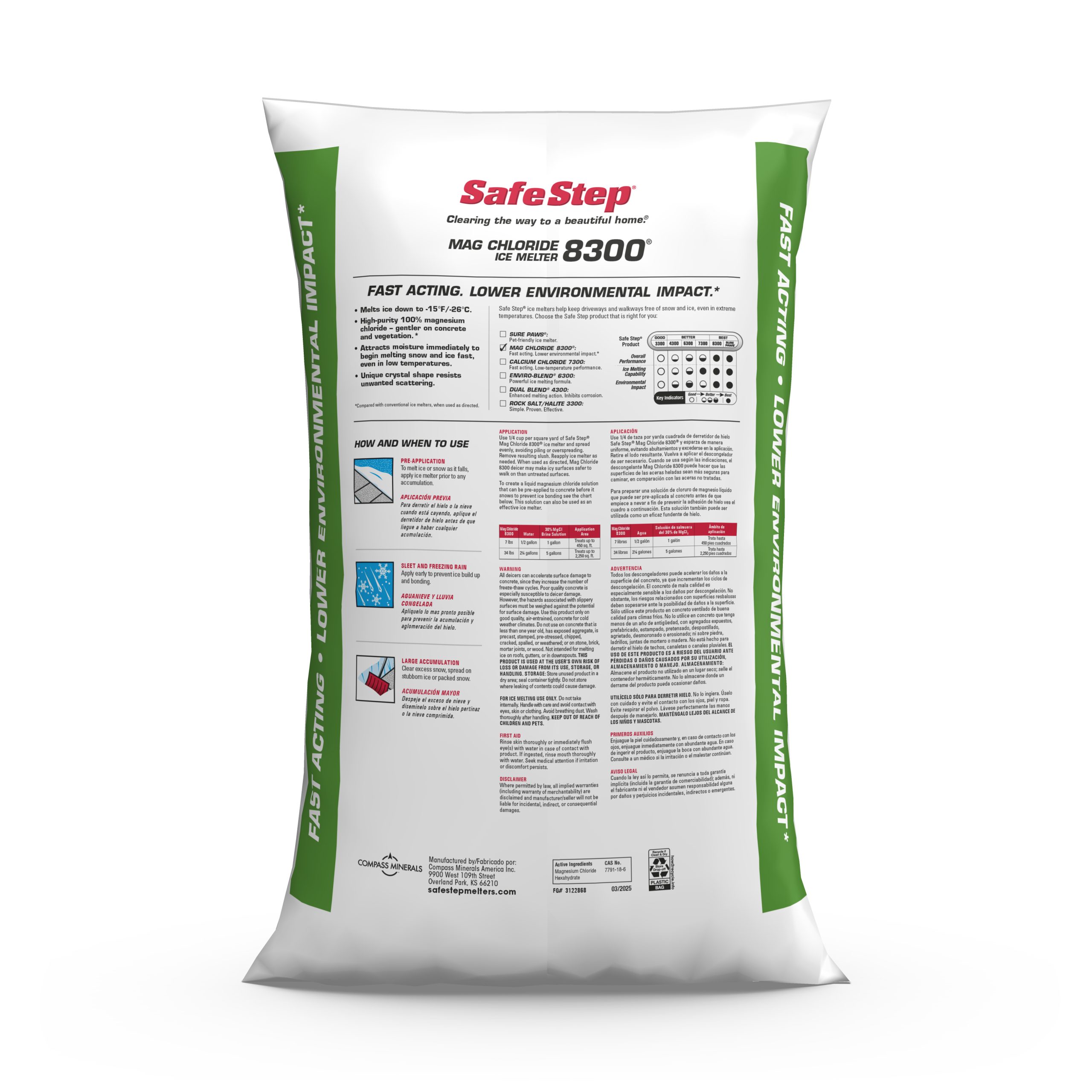 The back of a 50-pound bag of Safe Step Mag Chloride 8300 ice melter.