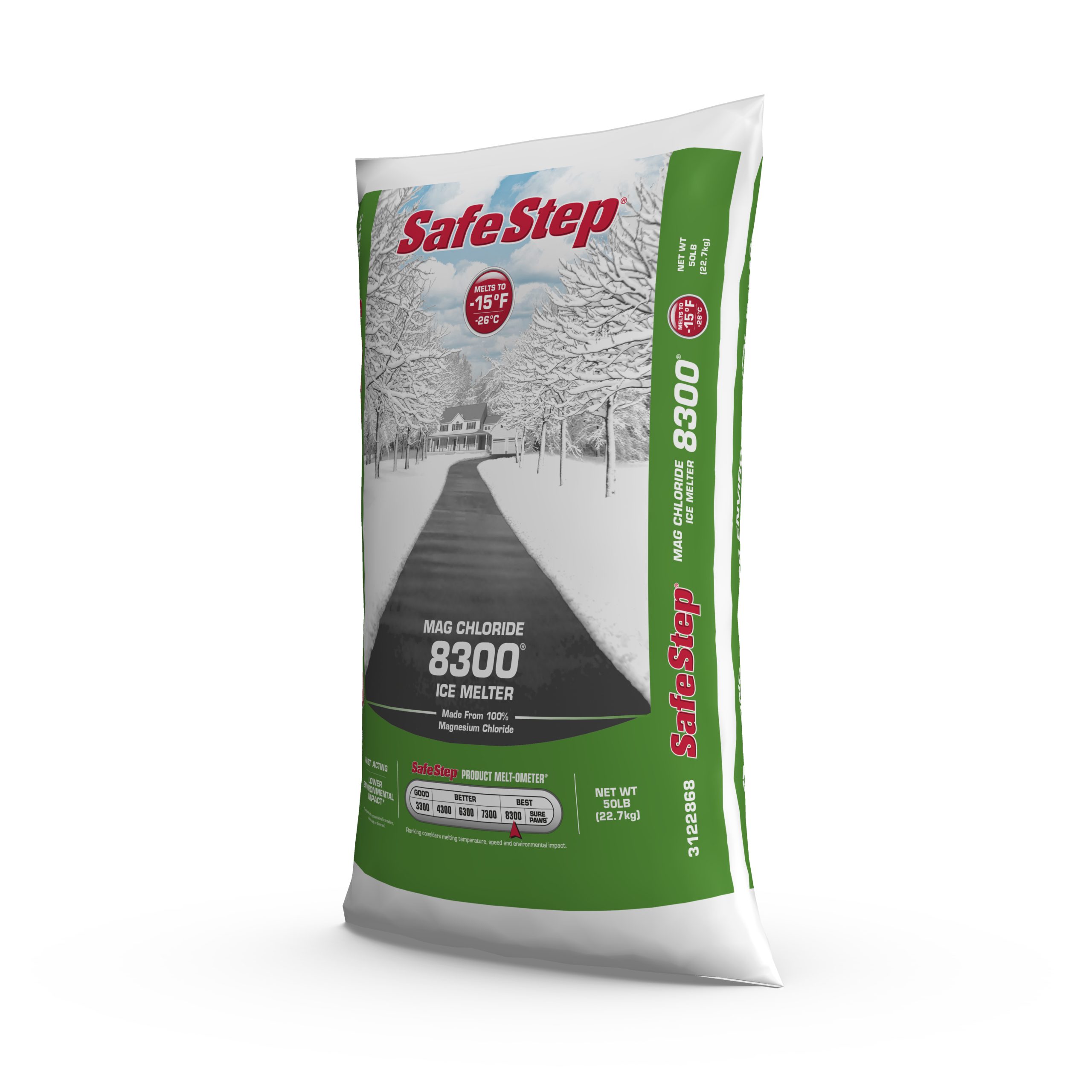 The left side of a 50-pound bag of Safe Step Mag Chloride 8300 ice melter.