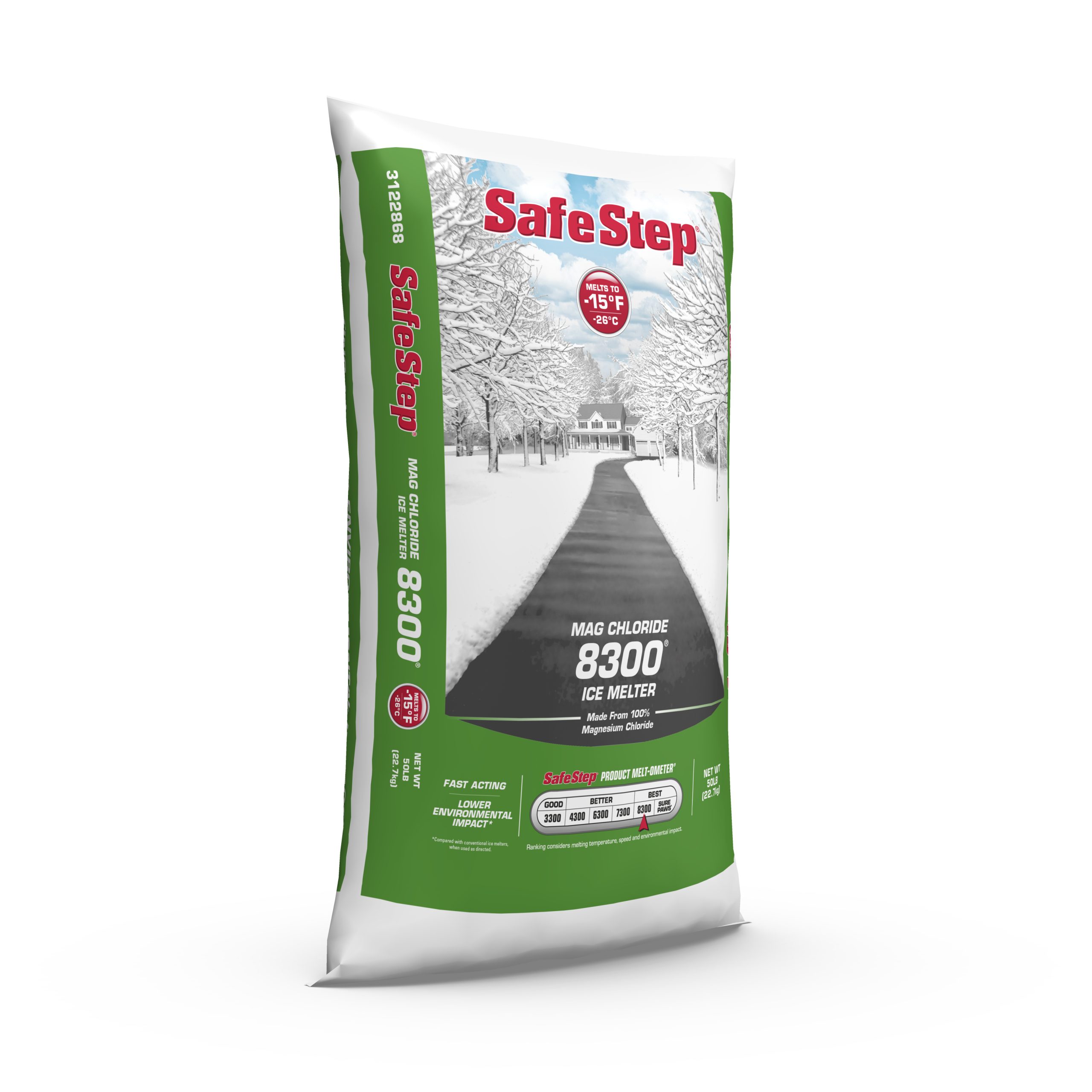The right side of a 50-pound bag of Safe Step Mag Chloride 8300 ice melter.
