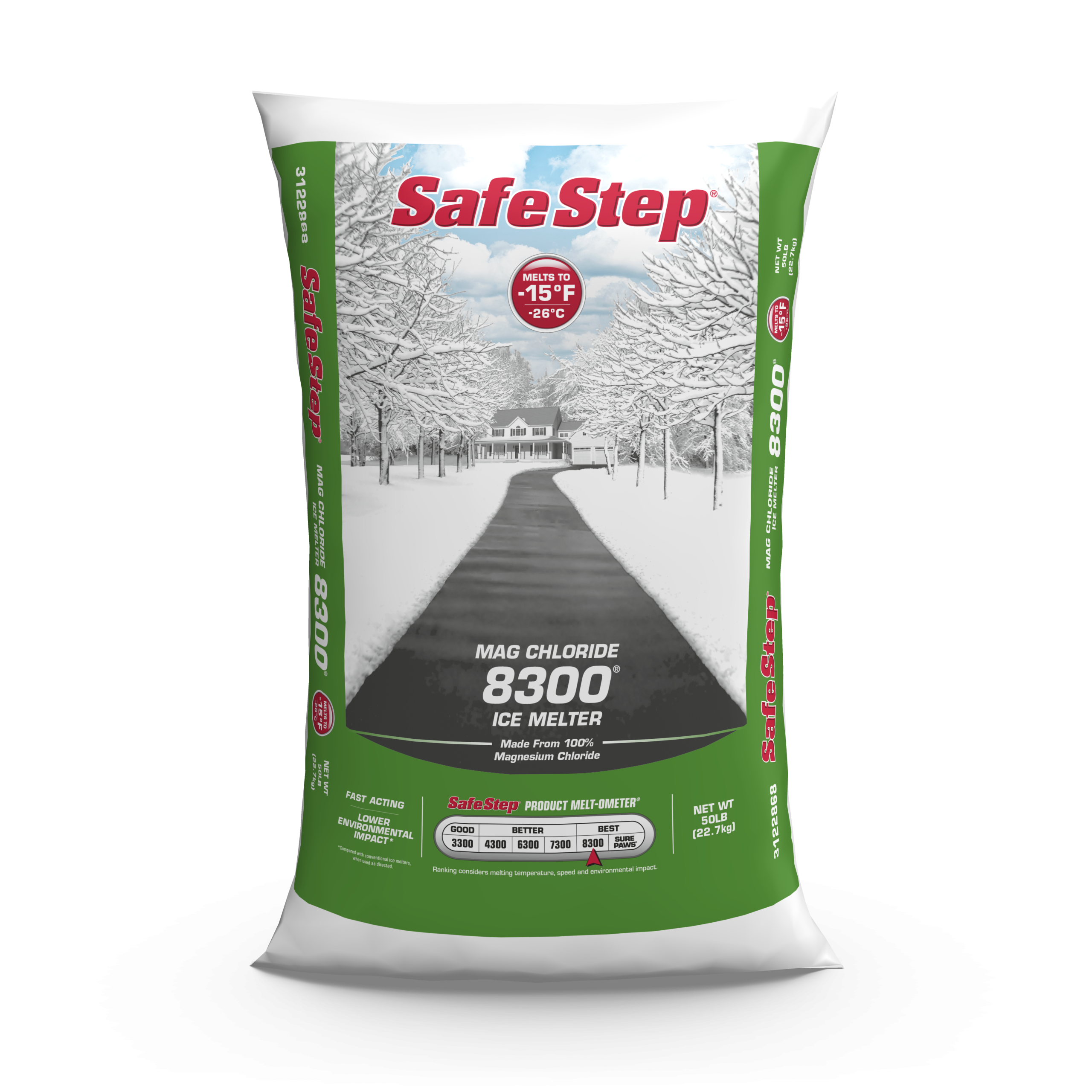 The front of a bag of Safe Step Mag Chloride 8300 ice melter.