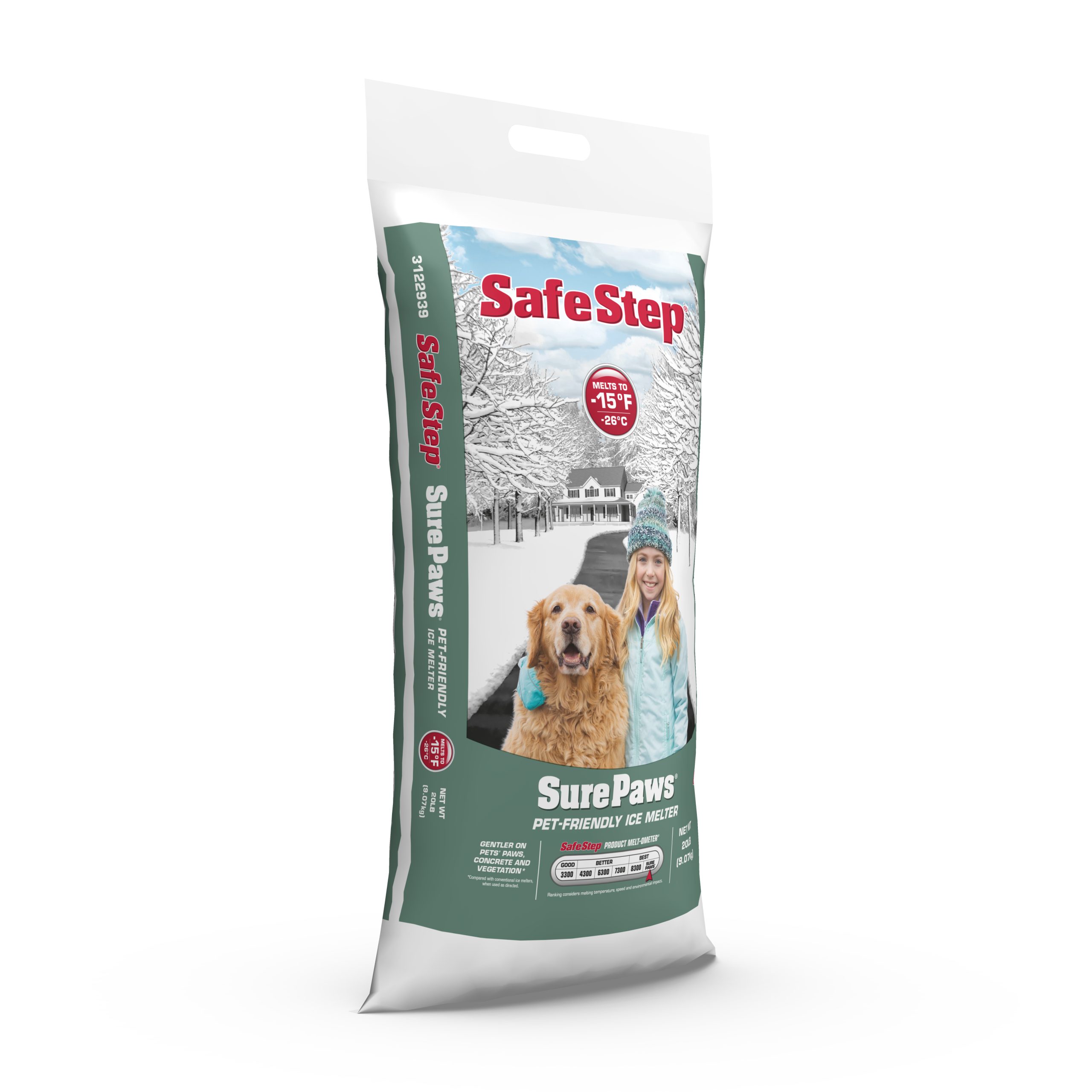 The left side of a 20-pound bag of Safe Step Sure Paws ice melter.