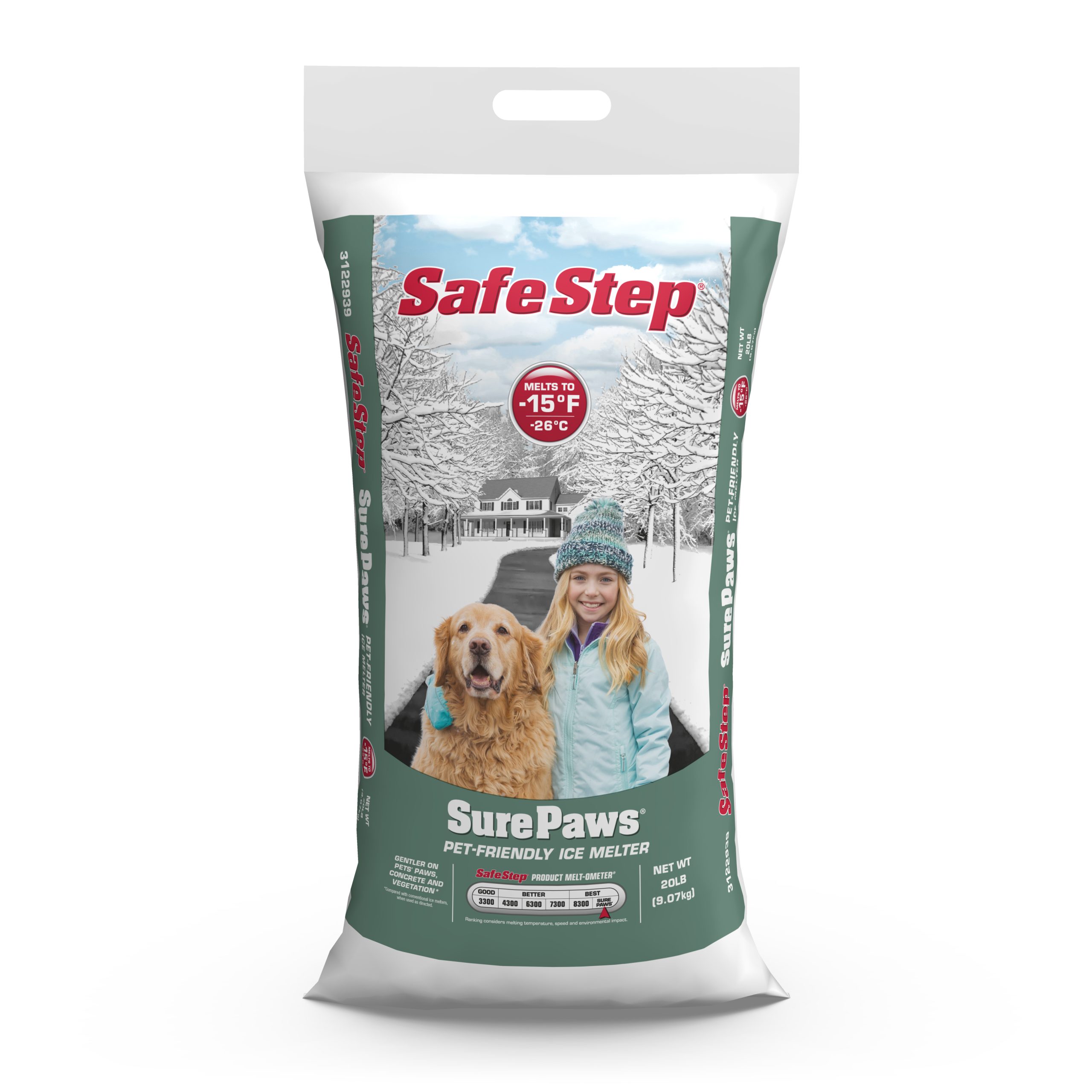 The front of a 20-pound bag of Safe Step Sure Paws ice melter.