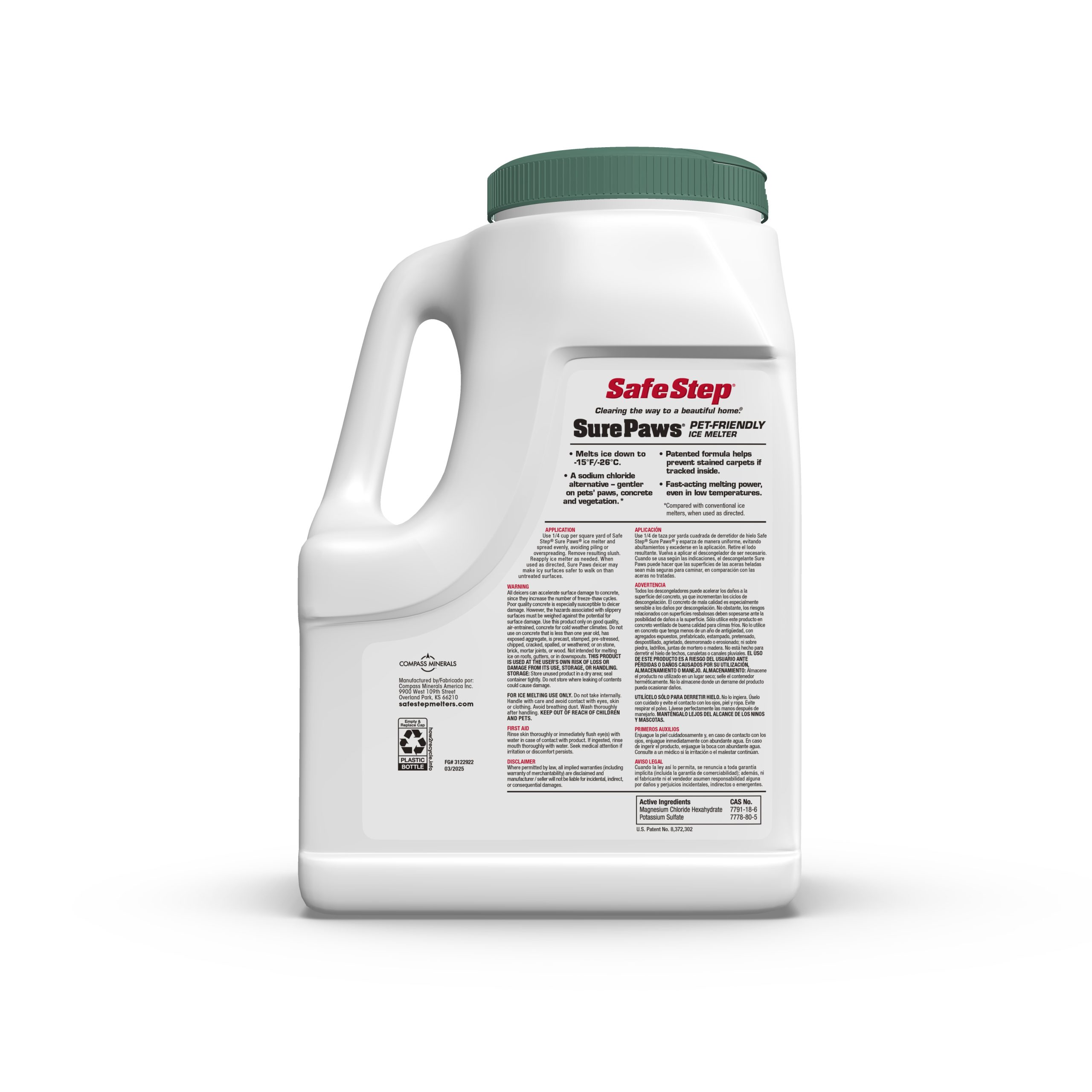 The back of an 8-pound jug of Safe Step Sure Paws ice melter.