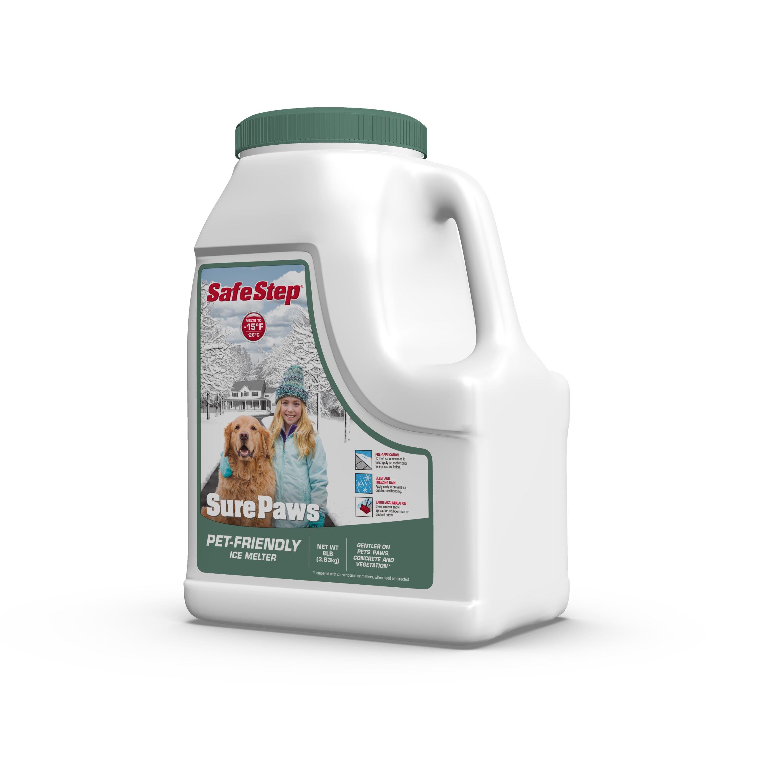 The left side of an 8-pound jug of Safe Step Sure Paws ice melter.